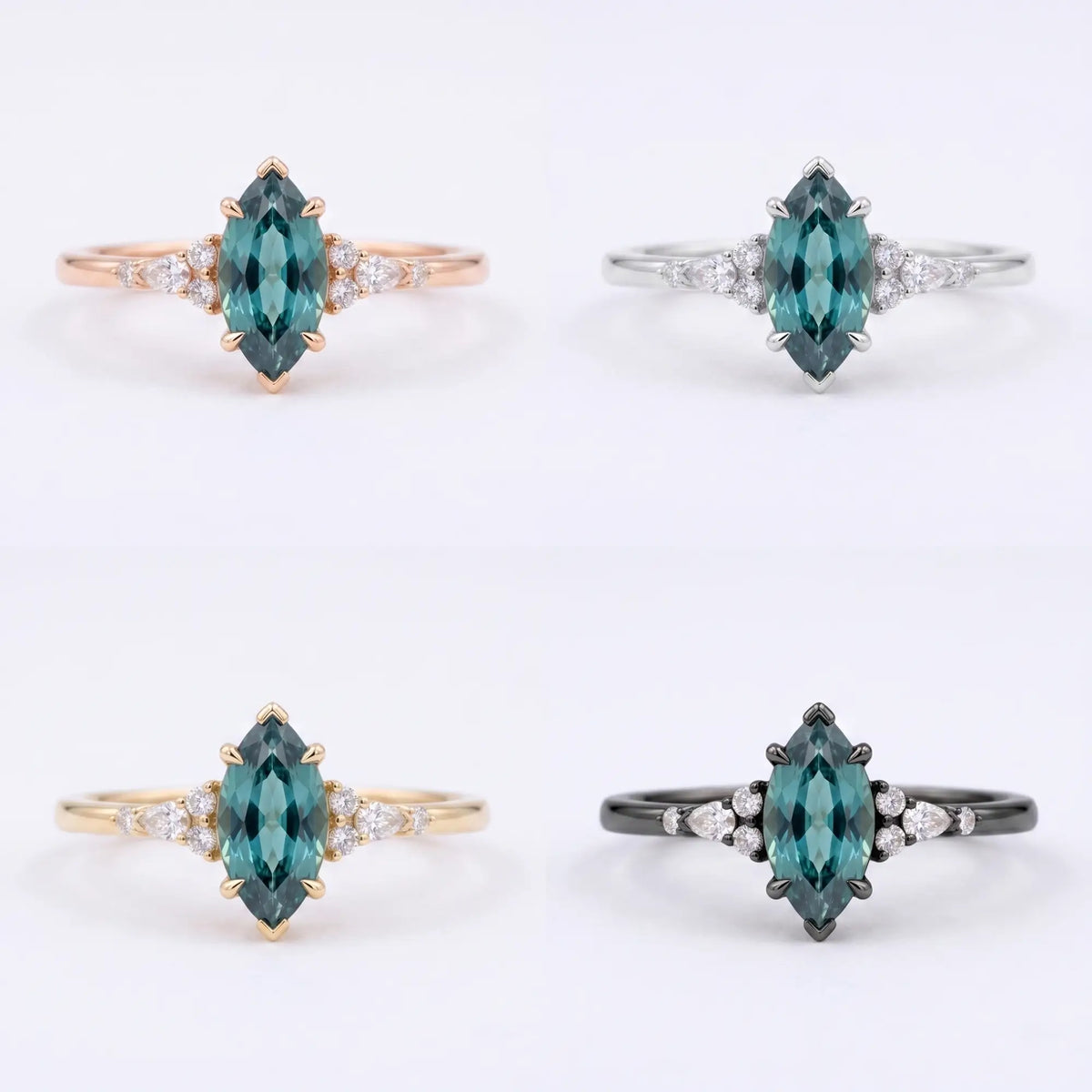 Studio matrix showcasing the marquise alexandrite cluster ring across rose gold, yellow gold, white gold, and black gold options