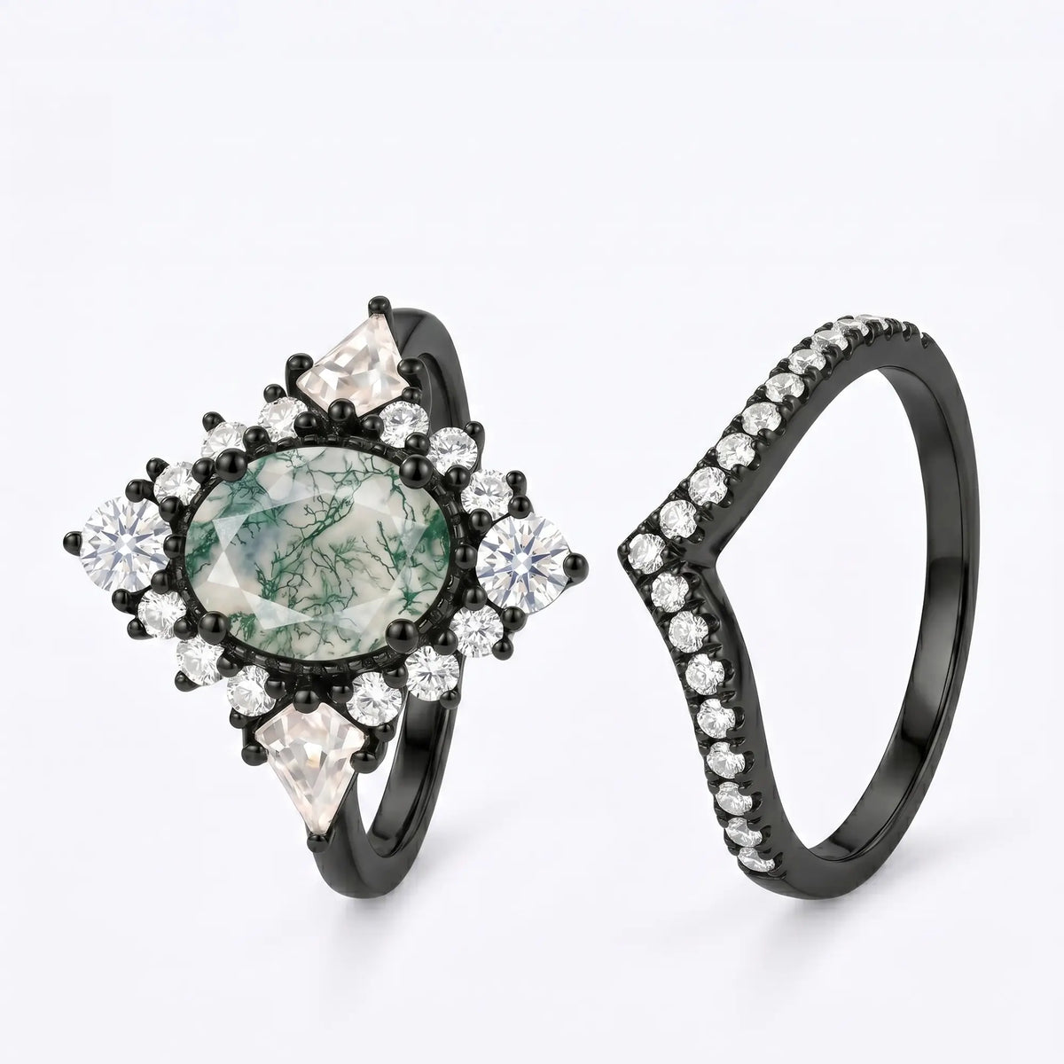 Handcrafted luxury 2-piece gothic natural oval moss agate halo engagement ring set in black gold
