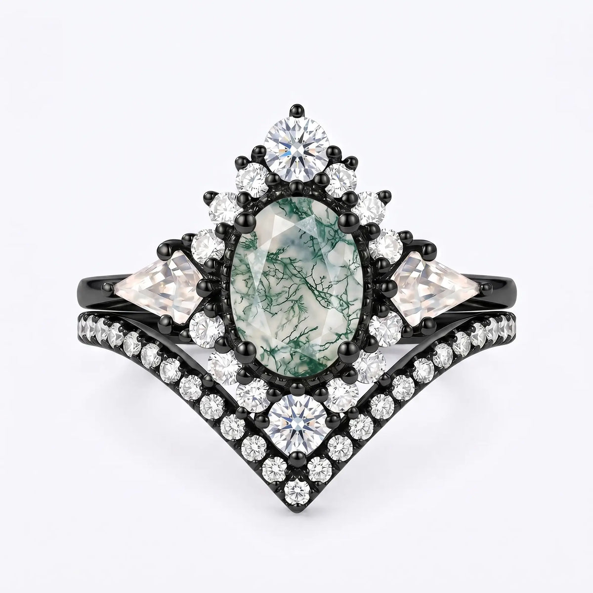 Handcrafted luxury 2-piece gothic natural oval moss agate halo engagement ring set in black gold by Orleone