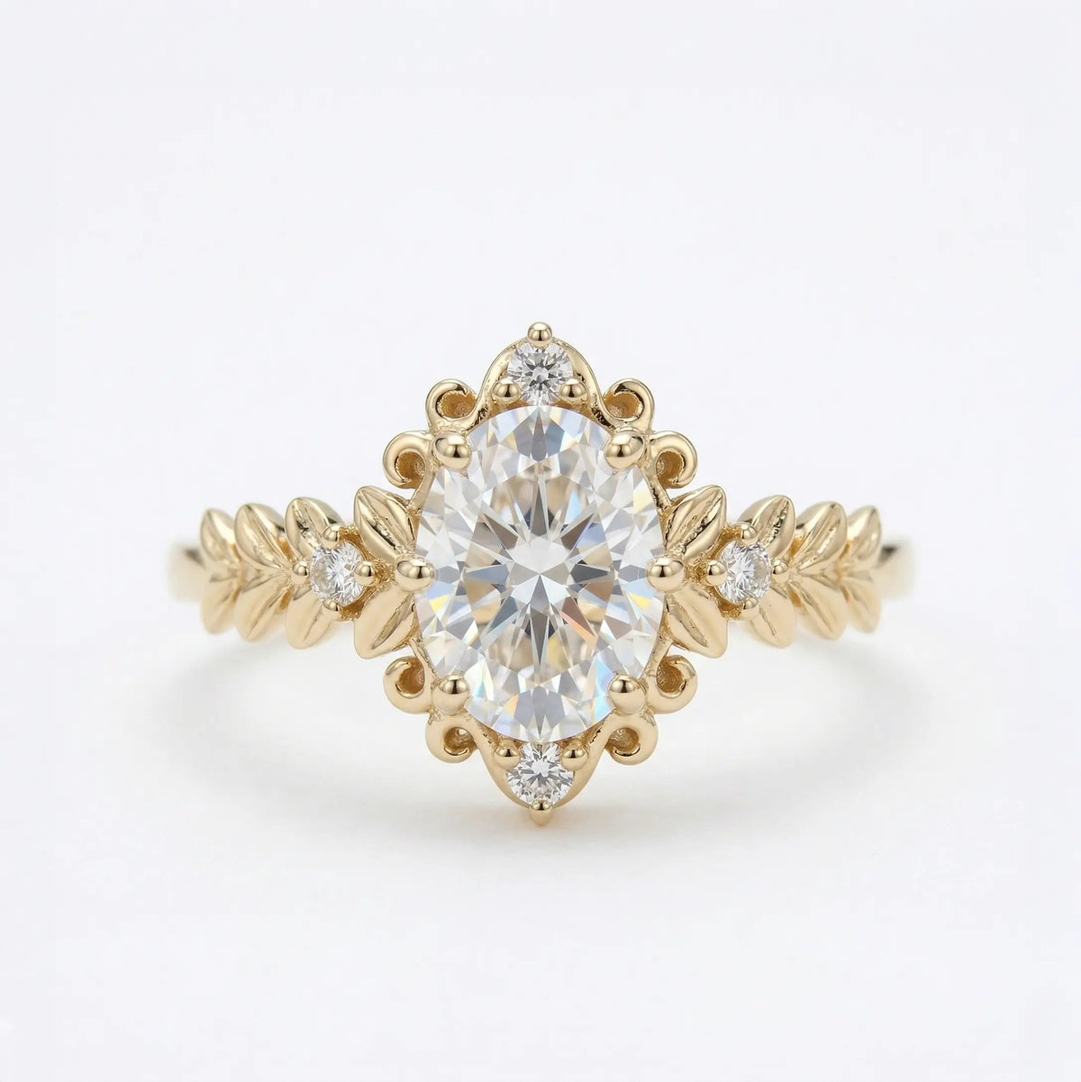 vintage oval moissanite leaf engagement ring victorian style romantic unique handmade gold ring nature inspired promise ring for her