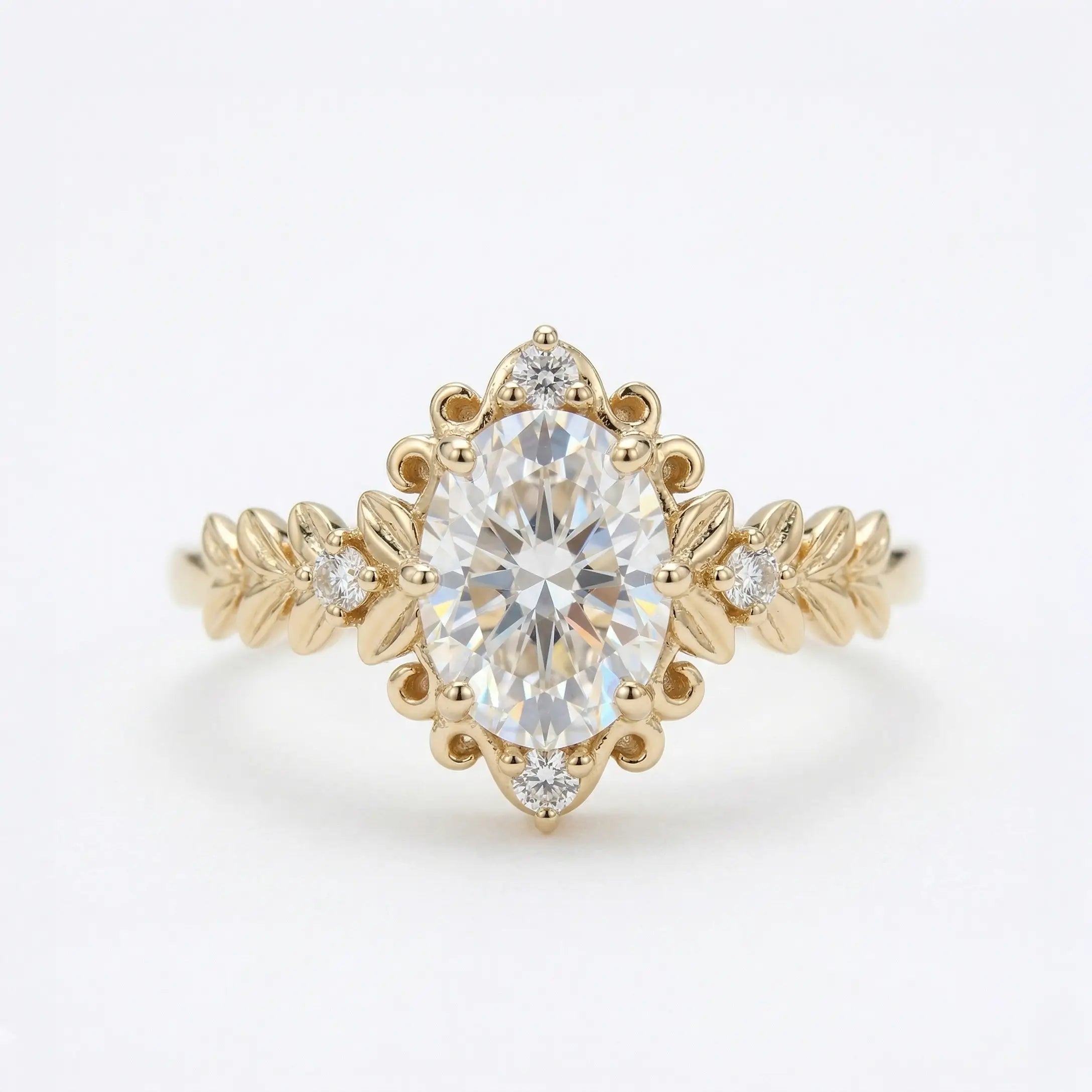 vintage oval moissanite leaf engagement ring victorian style romantic unique handmade gold ring nature inspired promise ring for her
