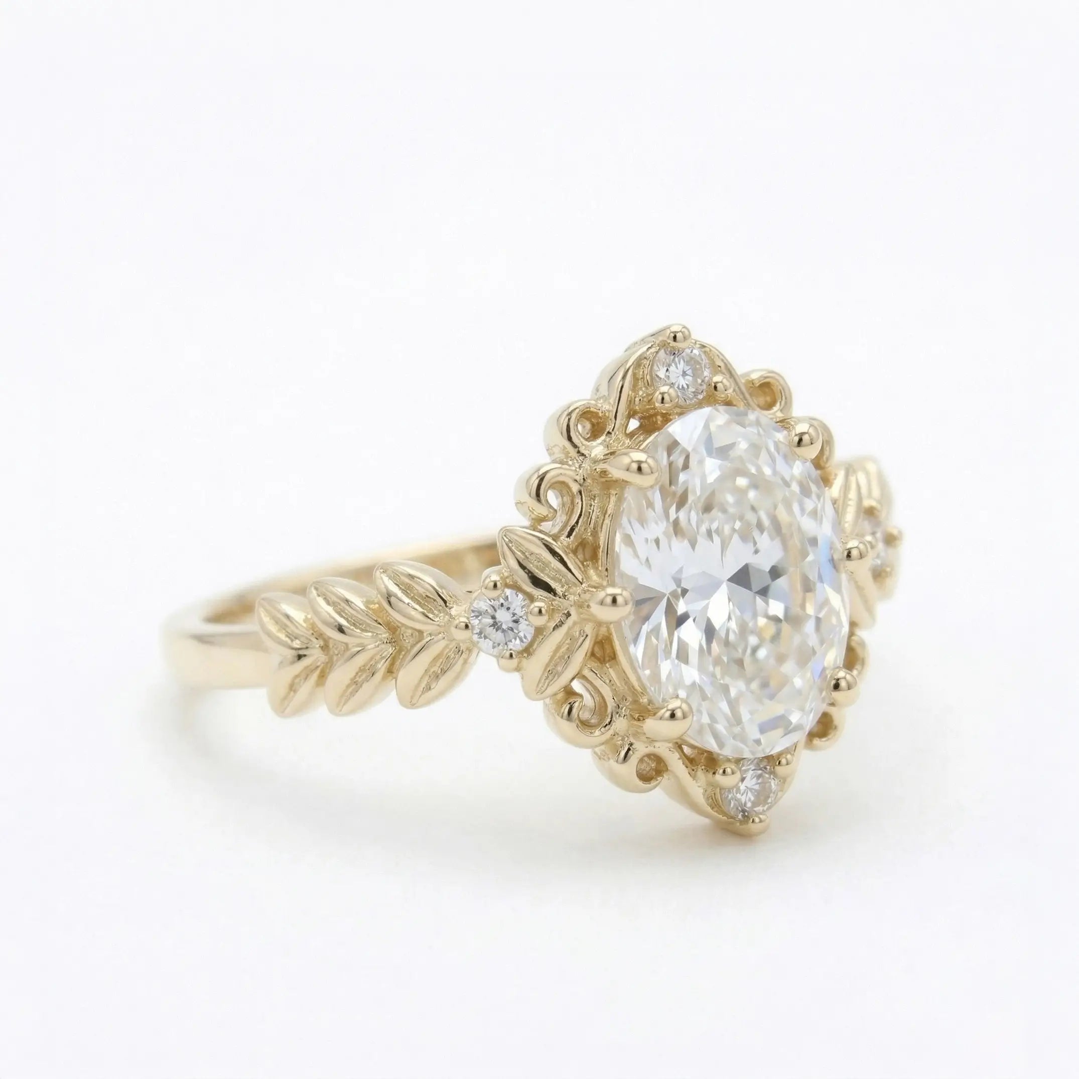 vintage oval moissanite leaf engagement ring victorian style romantic unique handmade gold ring nature inspired promise ring for her