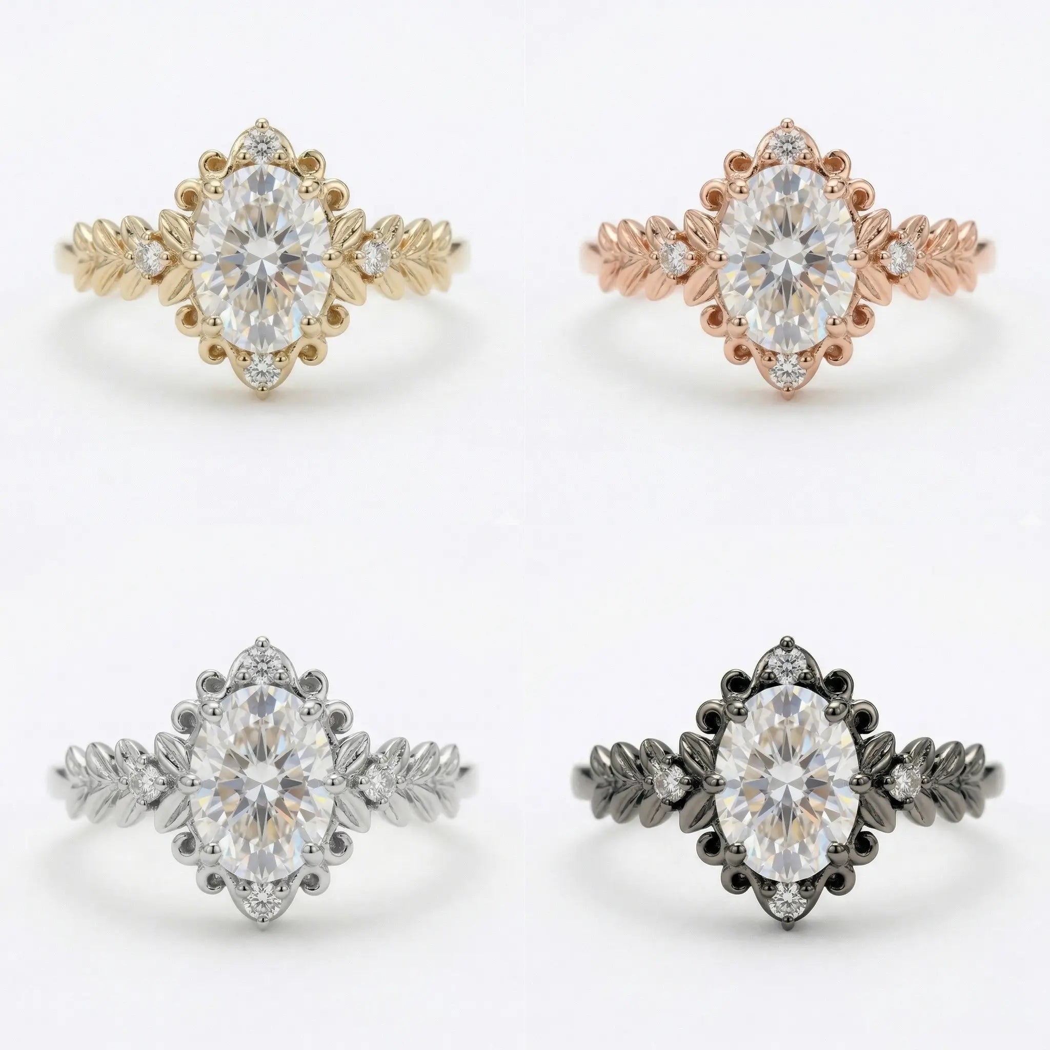 vintage oval moissanite leaf engagement ring victorian style romantic unique handmade gold ring nature inspired promise ring for her 4 color