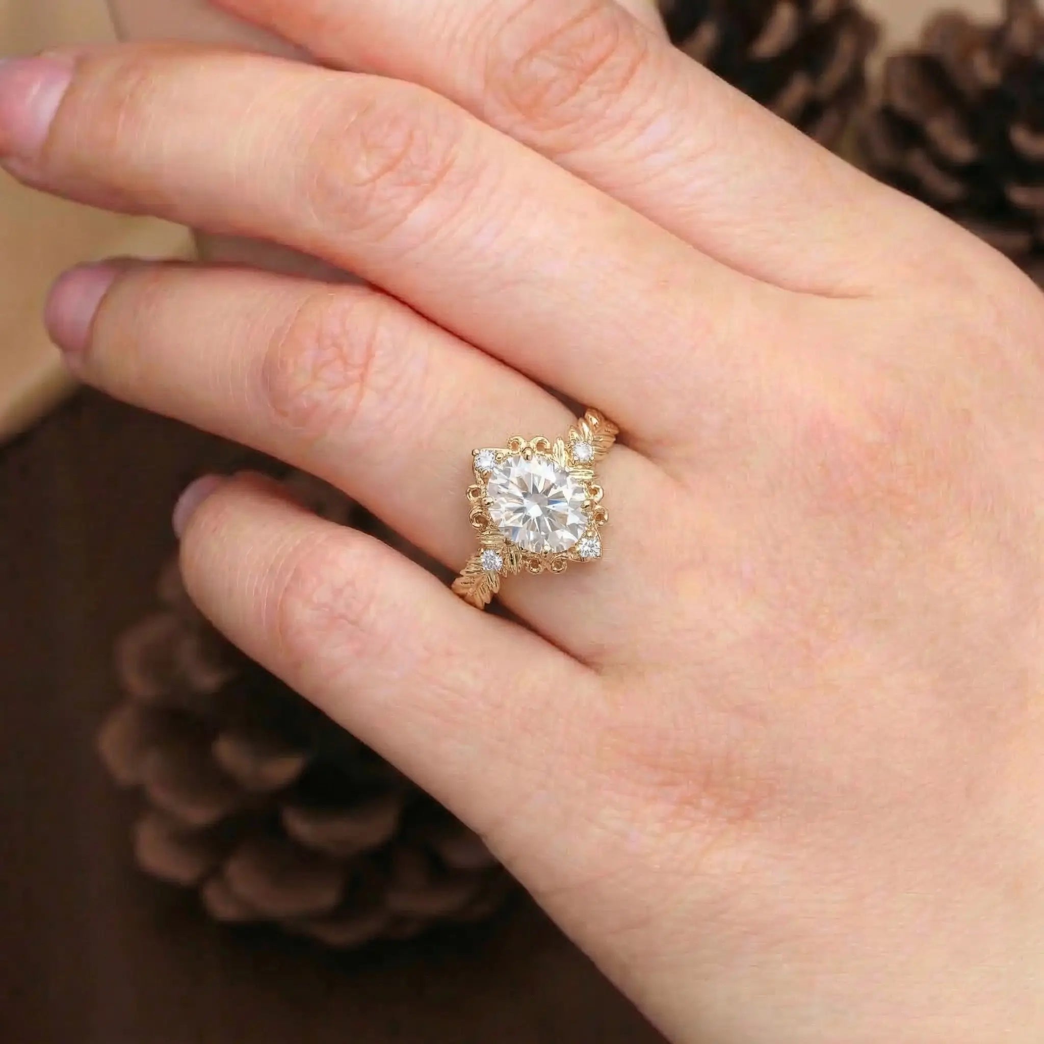 vintage moissanite ring victorian style romantic unique handmade gold ring nature inspired promise ring for women