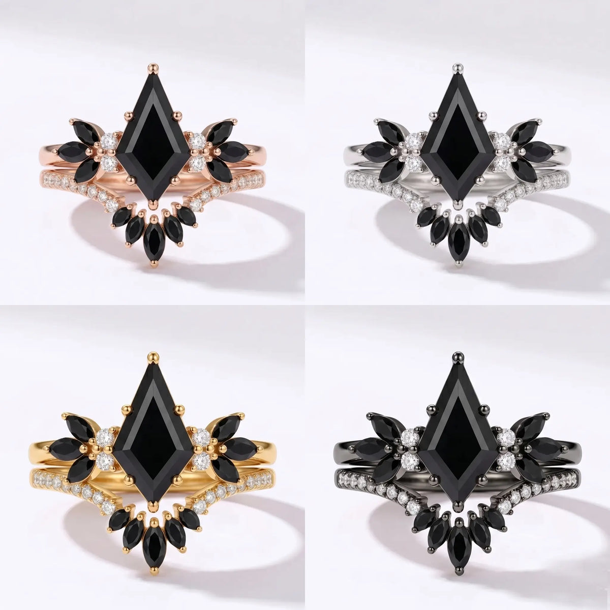kite cut black moissanite engagement ring with gothic cluster accents 4 color