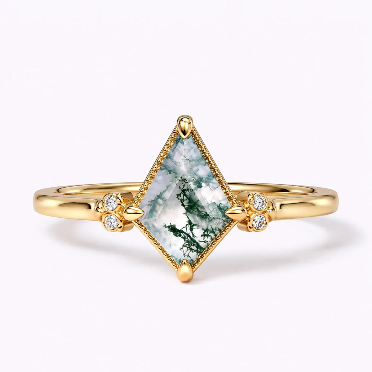 Vintage kite moss agate owl engagement ring with moissanite accents in yellow gold