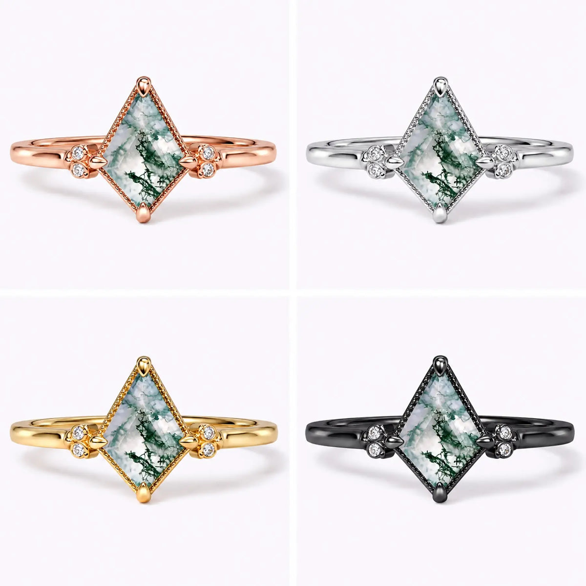 Kite moss agate owl engagement ring shown in black gold, white gold, rose gold, and yellow gold