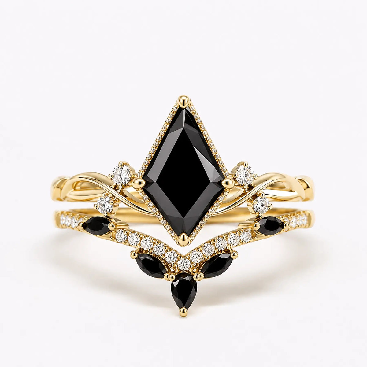 Modern kite cut black onyx engagement ring set with twisted band in yellow gold