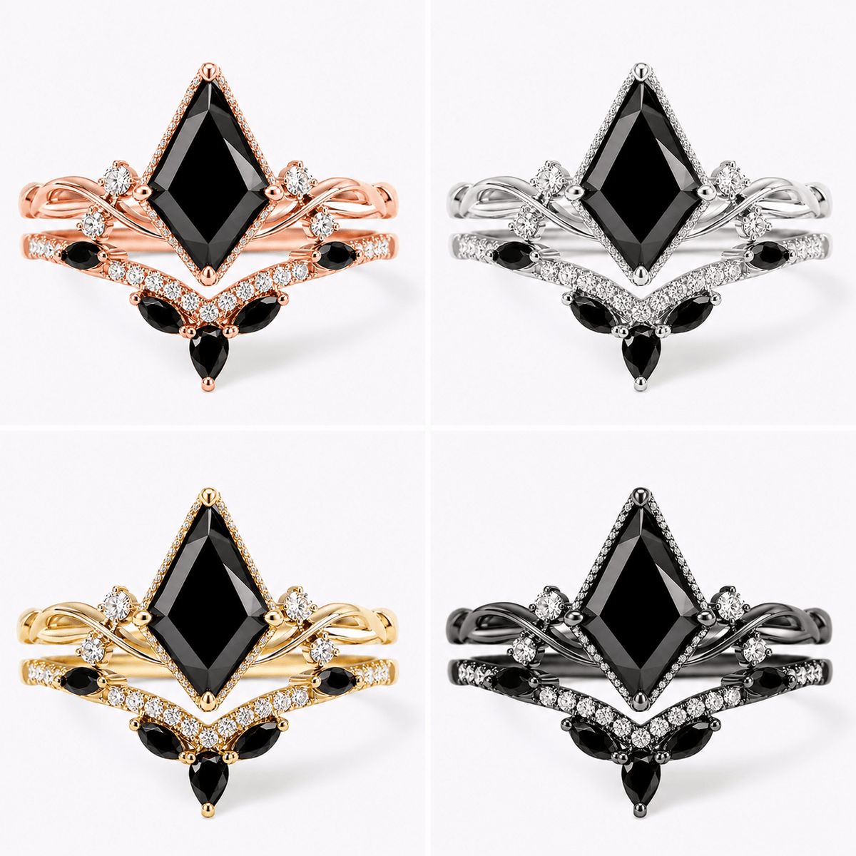 Black onyx engagement ring set shown in black gold, white gold, rose gold, and yellow gold