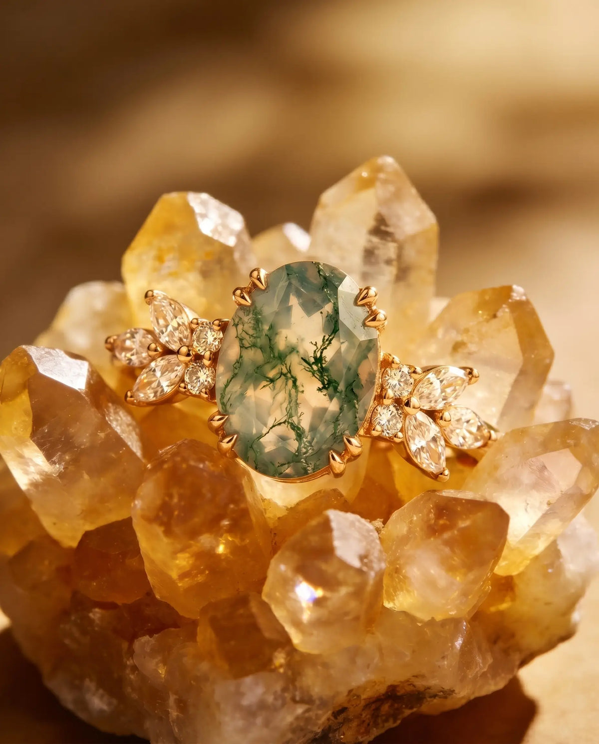 a 6x8mm oval cut natural moss agate with unique leaf-shaped side stones