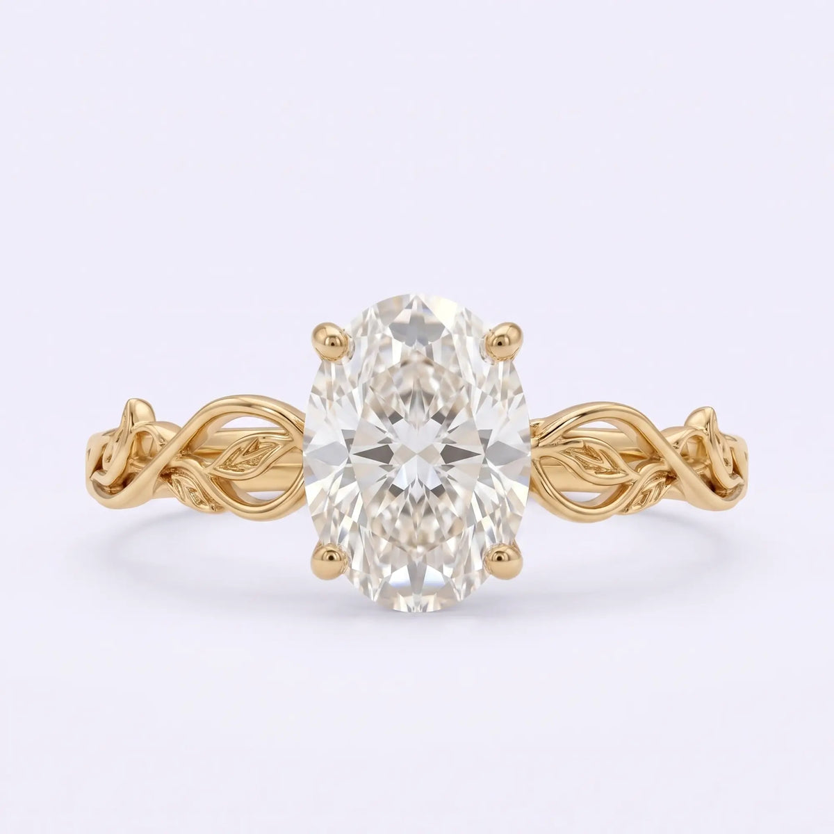 Oval lab-grown diamond solitaire engagement ring with an openwork leaf and intertwined vine band