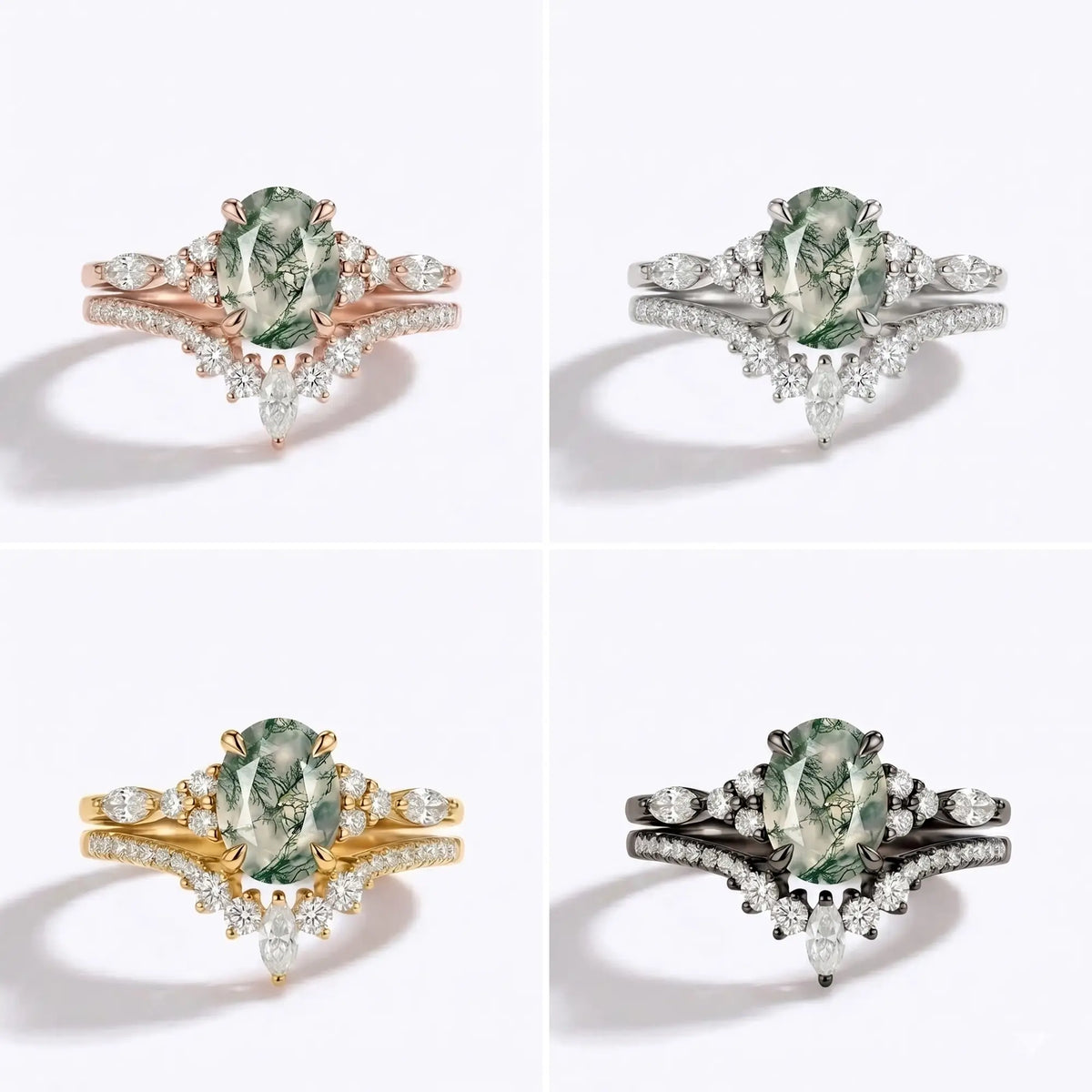 Luxury Moss Agate Oval Cluster Stacking Engagement Ring Set