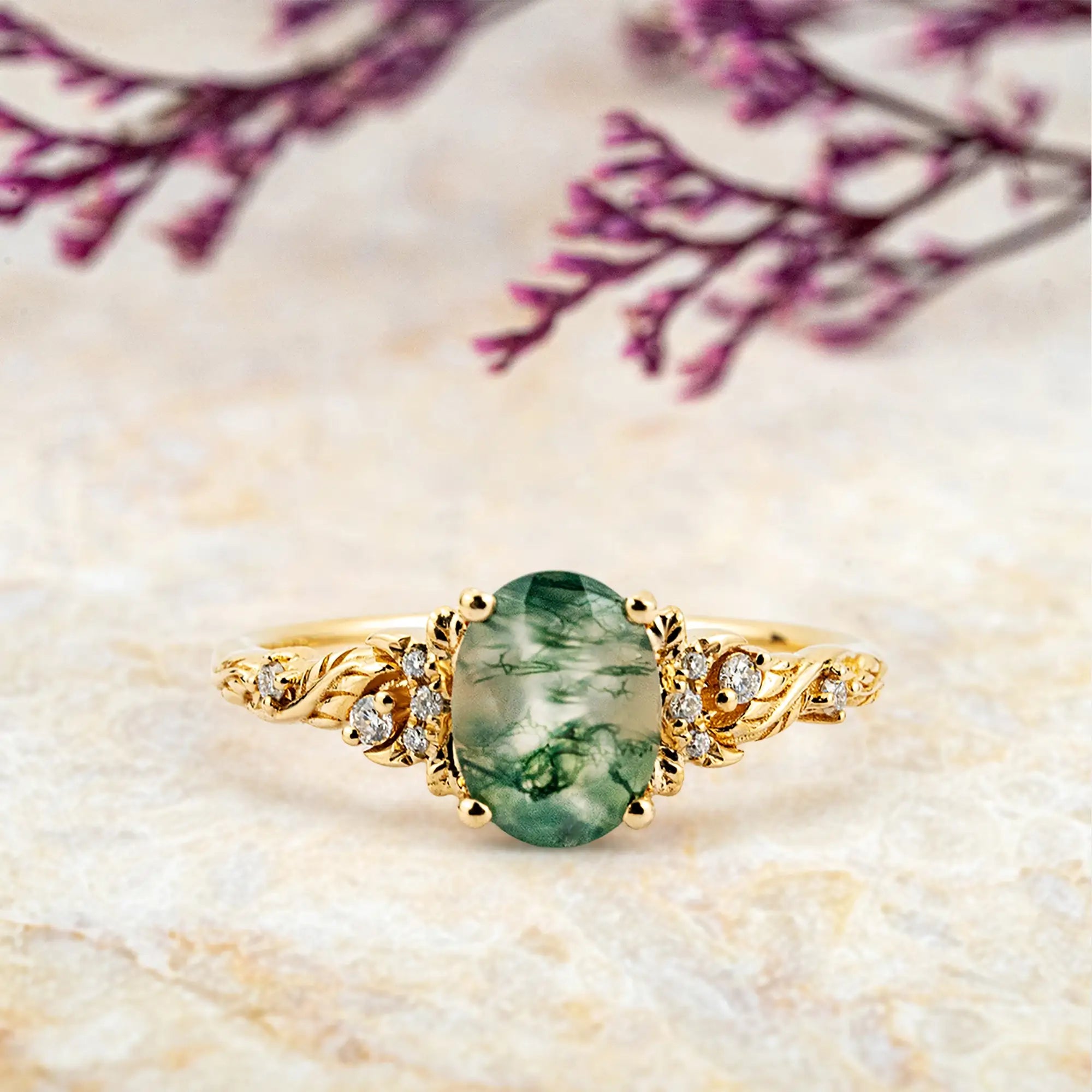 Sylva oval moss agate leaf engagement ring in 14k yellow gold with moissanite accents orleone