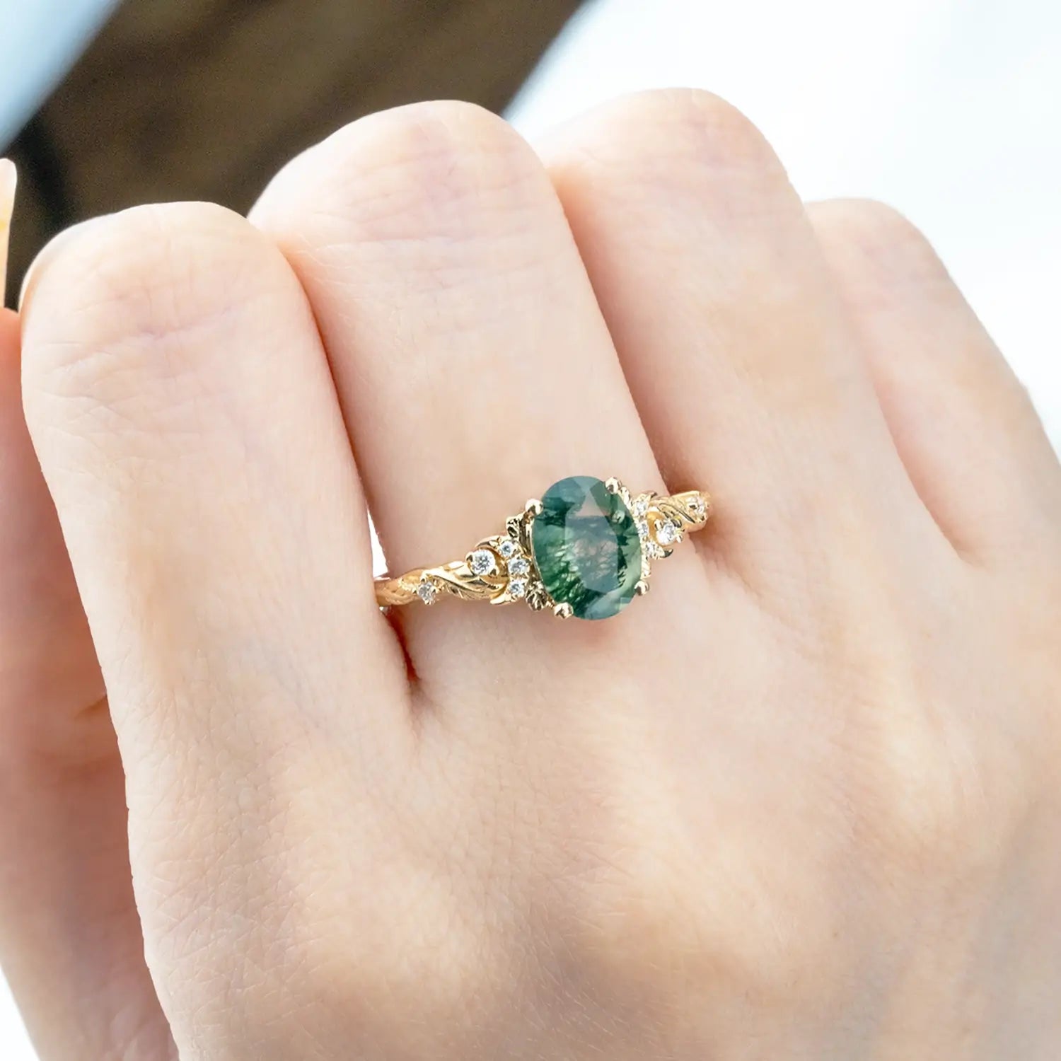 orleone jewelry nature-inspired moss agate ring handmade solid gold leafy design