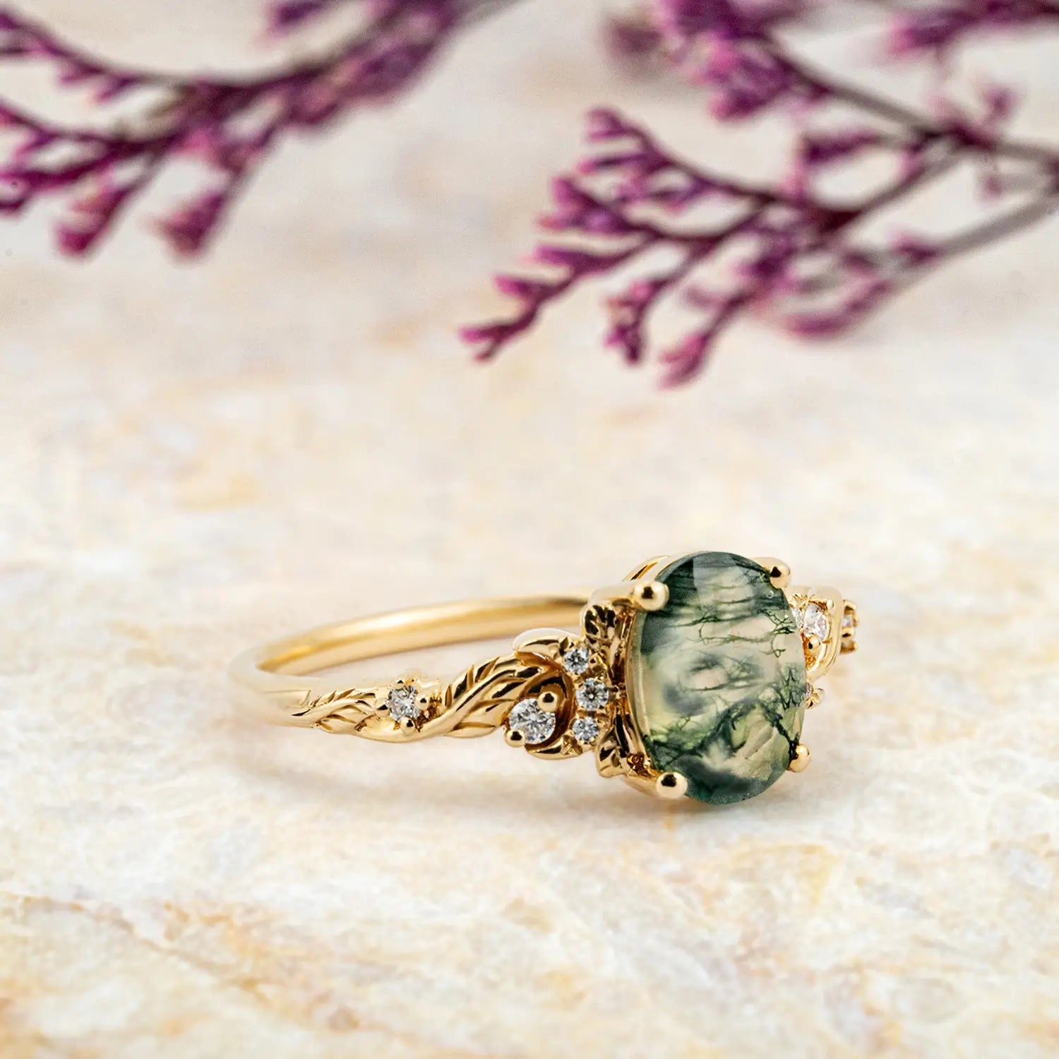 vintage moss agate and moissanite promise ring for women handcrafted gold band 18k gold ring