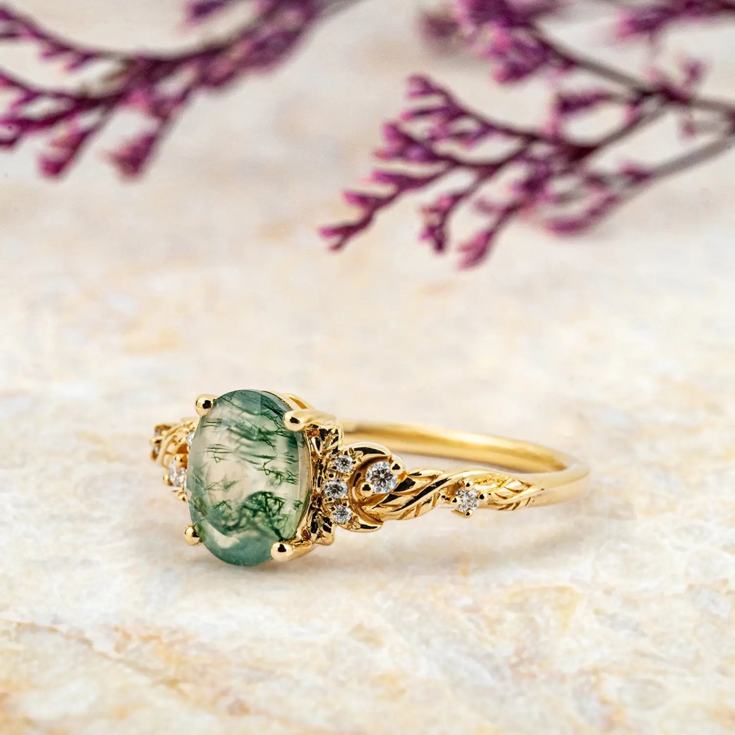 art design moss agate and moissanite promise ring for women handcrafted gold band orleone