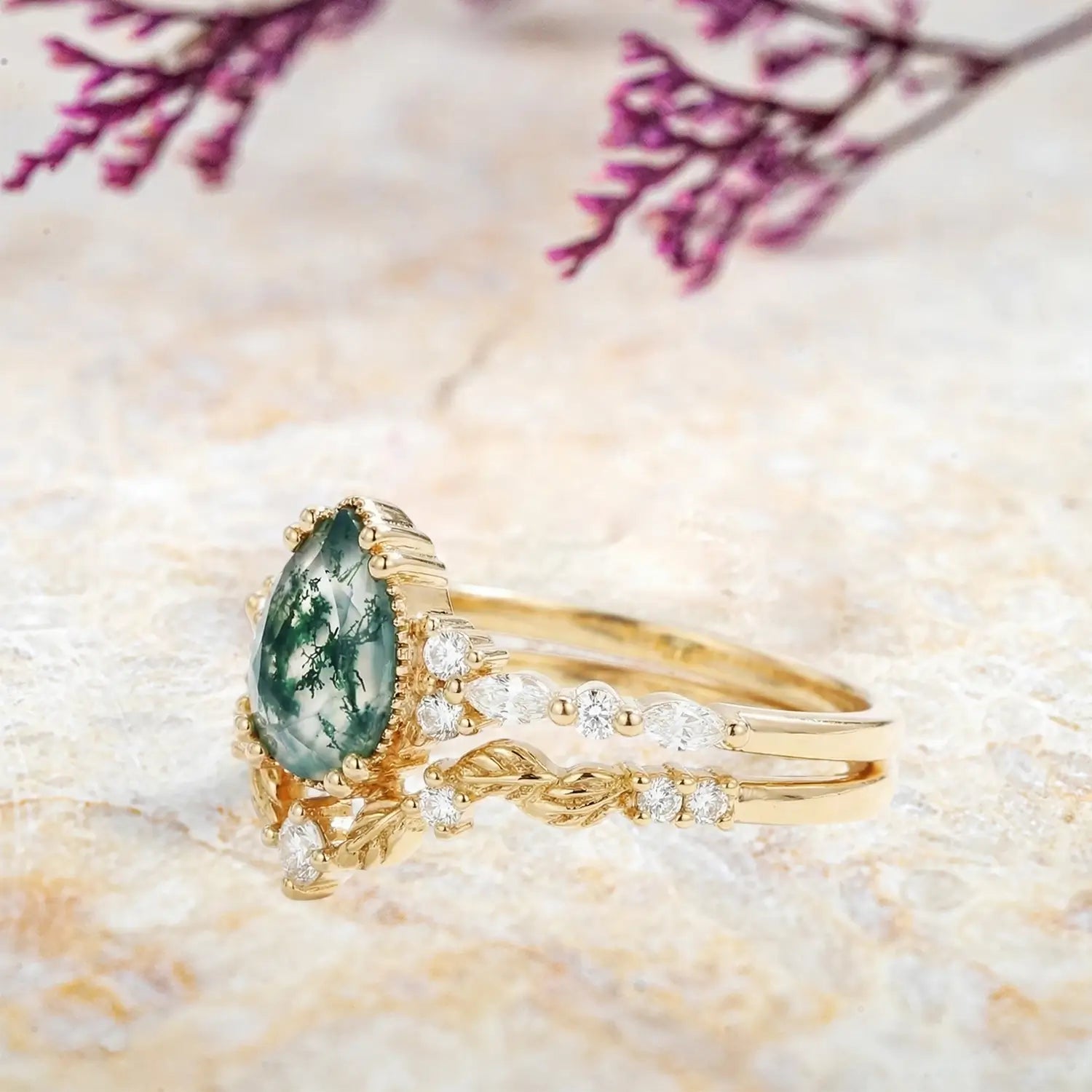 Pear shaped moss agate engagement ring with matching vine wedding band for women
