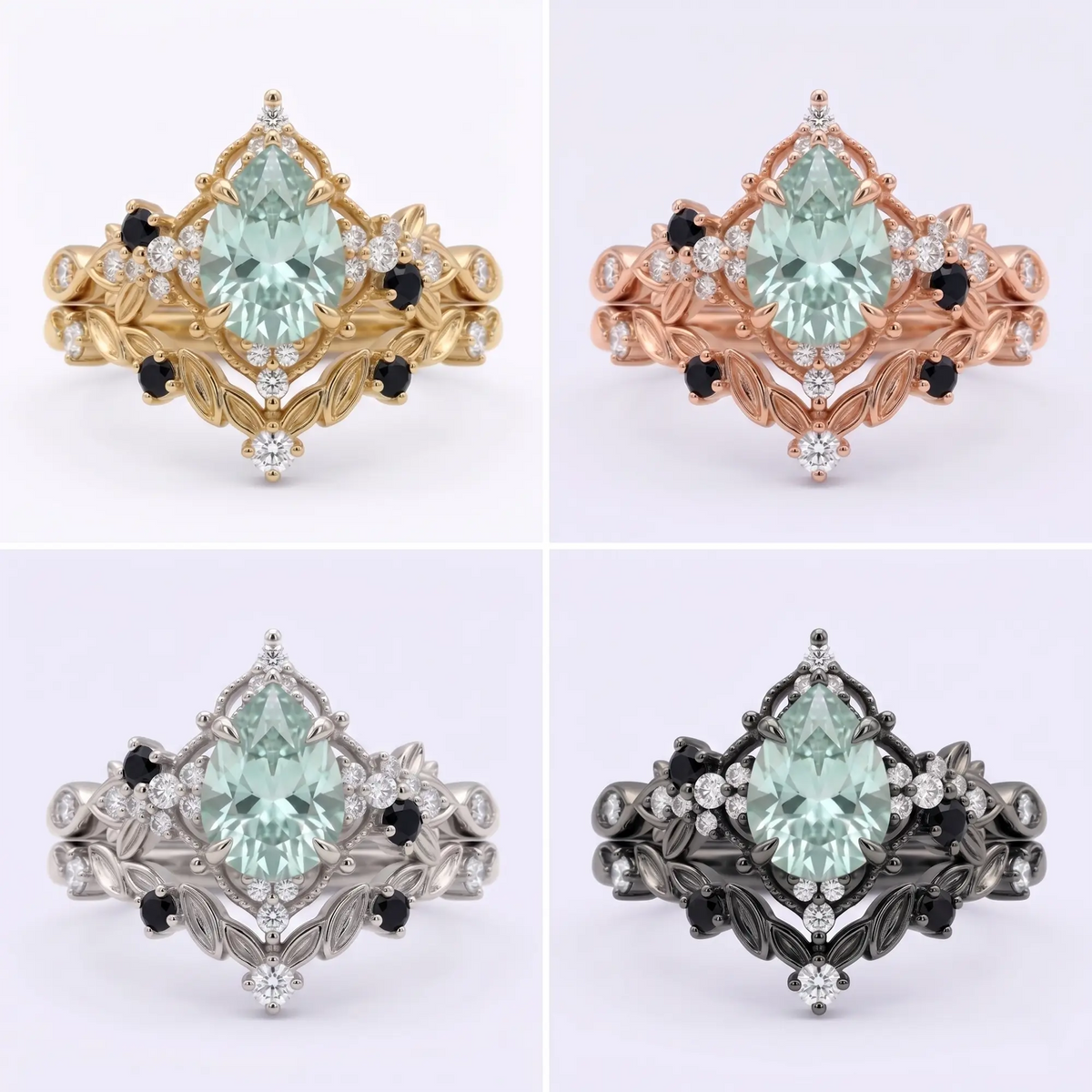 Studio product matrix displaying the Nocturne pear grey moissanite and black onyx leaf set across solid yellow gold, rose gold, white gold, and black gold variants
