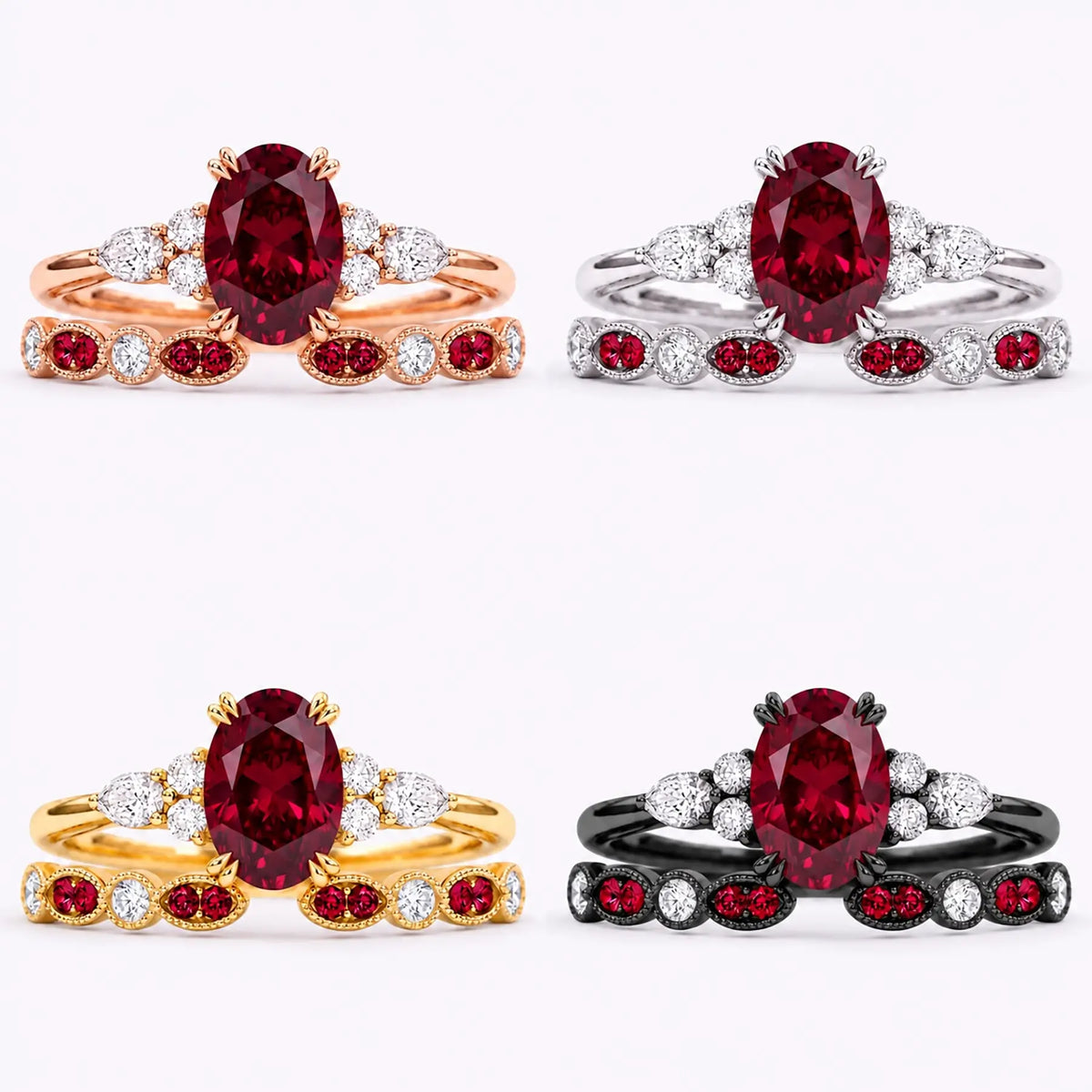 Oval ruby bridal ring set shown in black gold, white gold, rose gold, and yellow gold