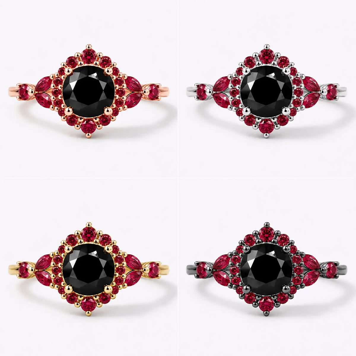 Round black moissanite halo engagement ring with ruby floral accents in yellow gold black white gold