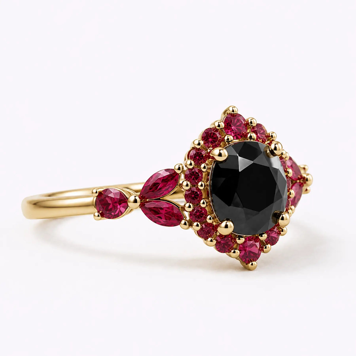 Side view of round black moissanite floral halo ring showing gold band structure