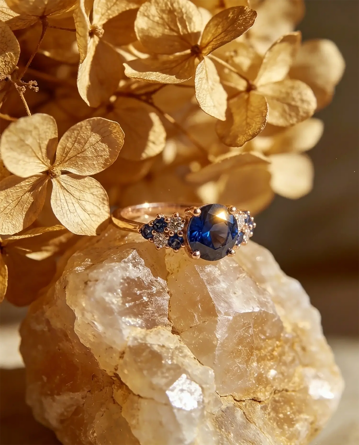 Macro close-up of a 6.5mm round cut velvety blue sapphire with high-shine finish.