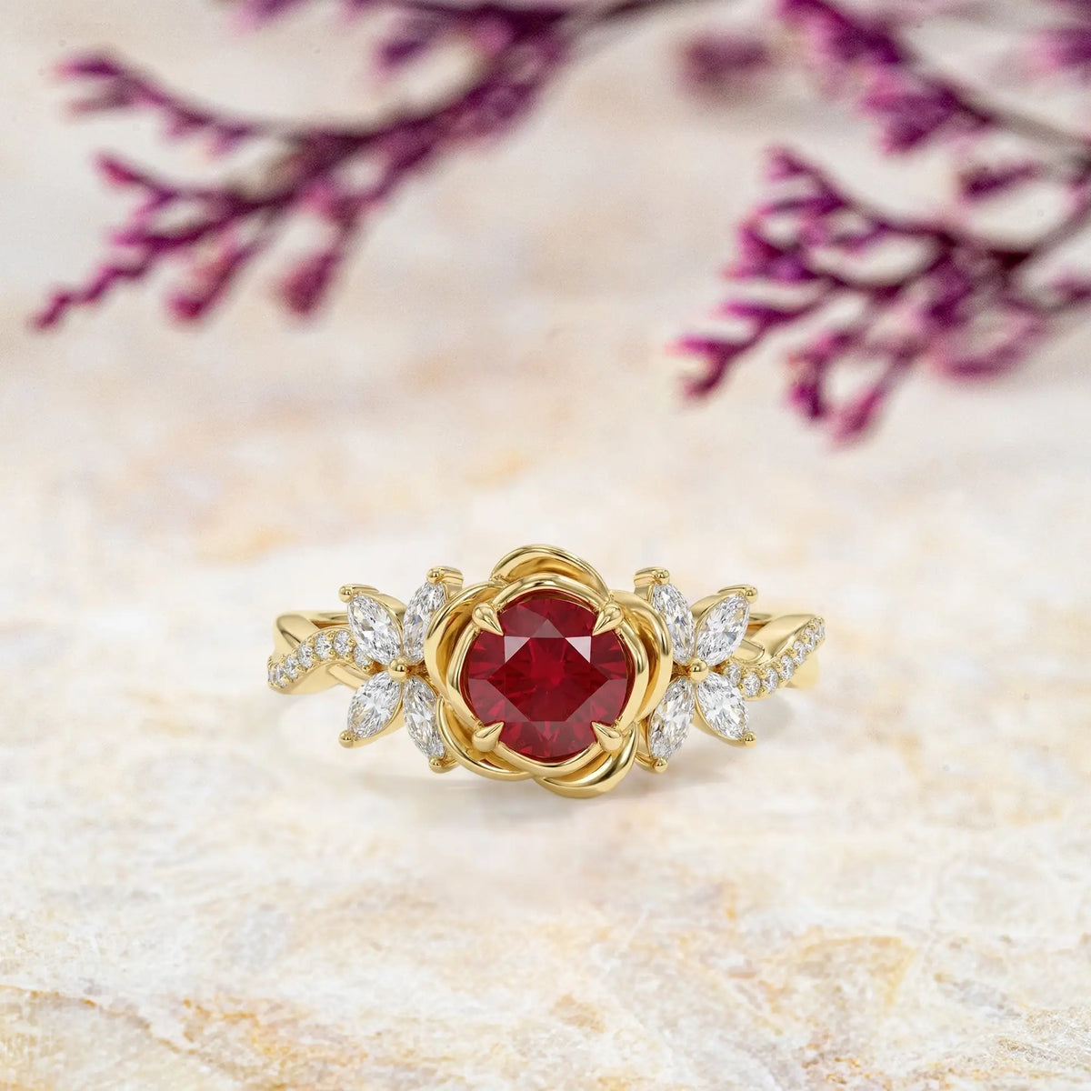 round ruby rose engagement ring floral sculptural design orleone jewelry