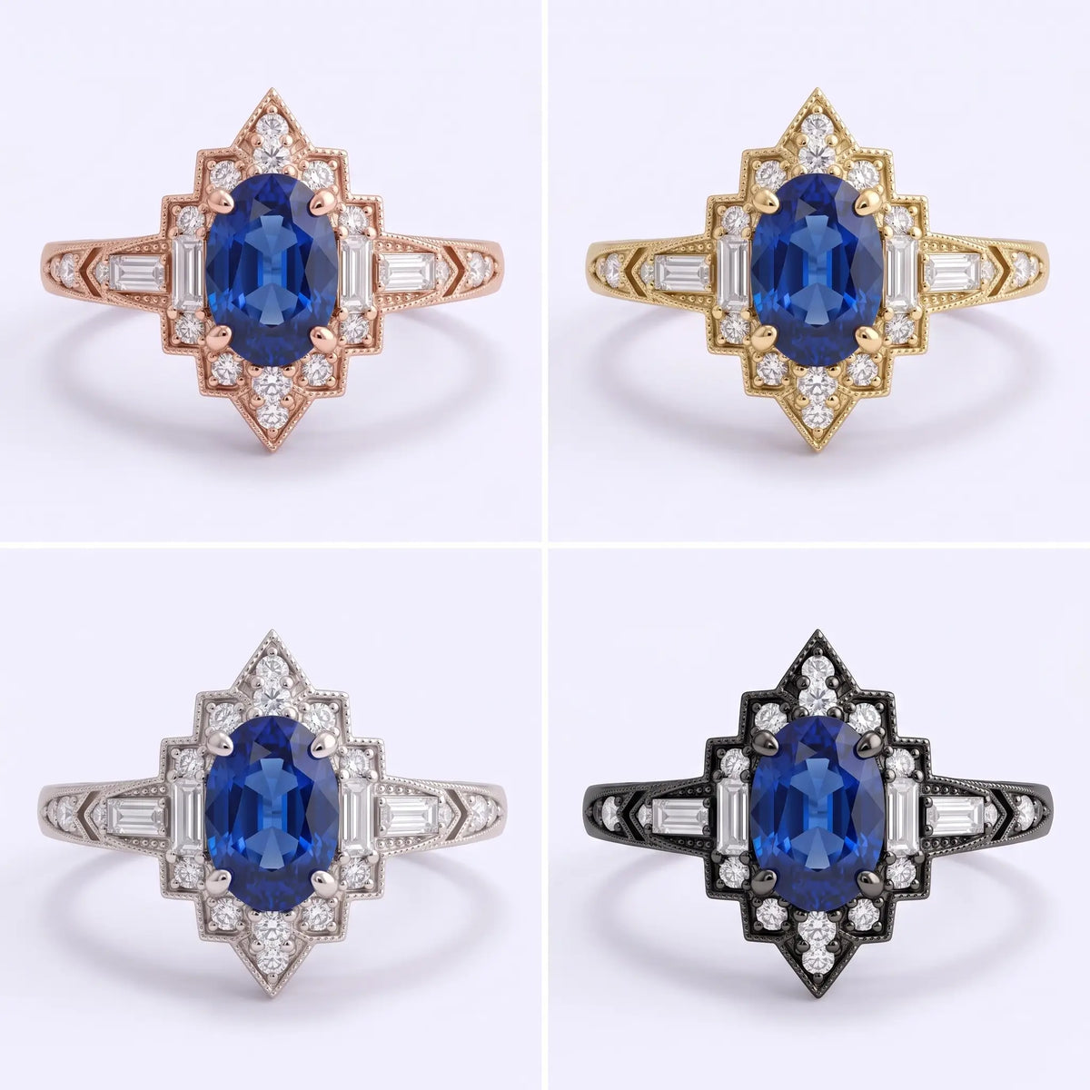 1. Vintage oval sapphire halo engagement ring available in yellow gold white gold rose gold and black gold