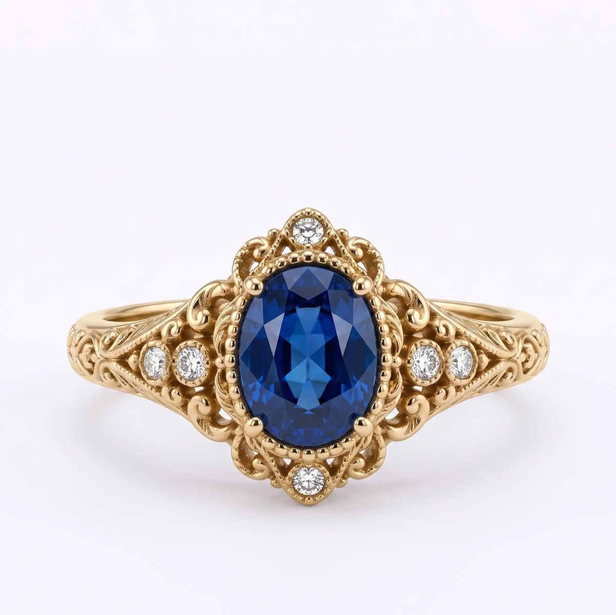 Vintage Victorian oval lab sapphire engagement ring with ornate openwork