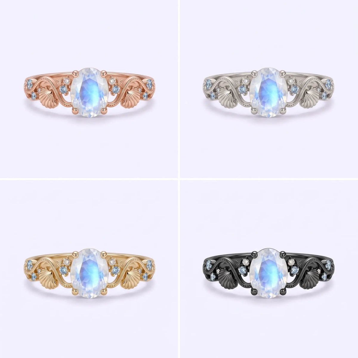 Oval moonstone engagement ring in yellow, white, rose, and black gold