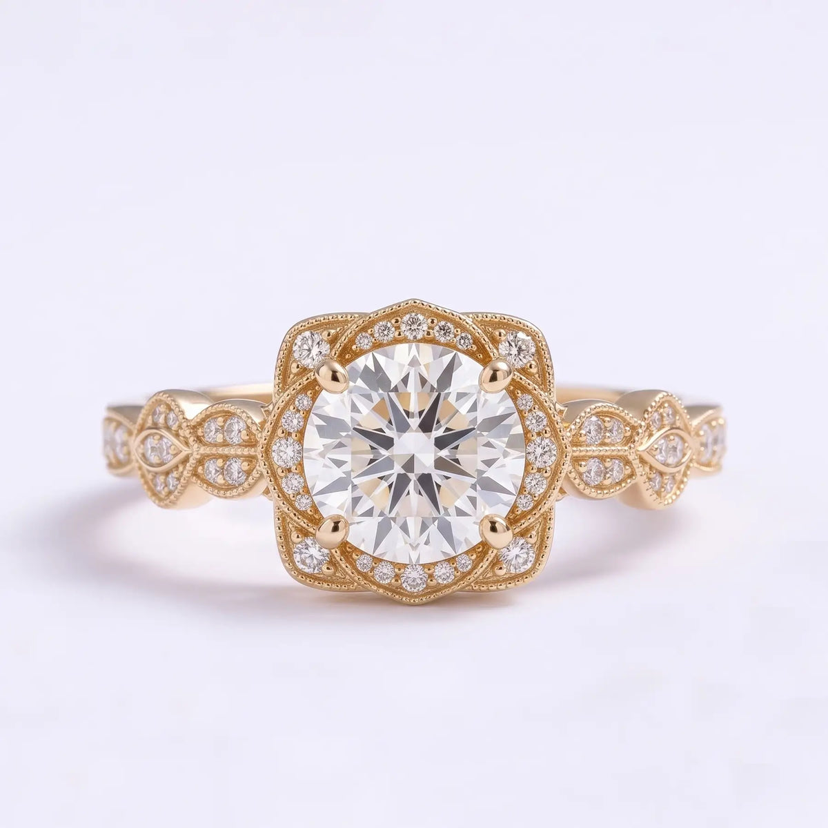 Vintage Round Moissanite Halo Engagement Ring Edwardian Floral Milgrain Ring – Seravienne