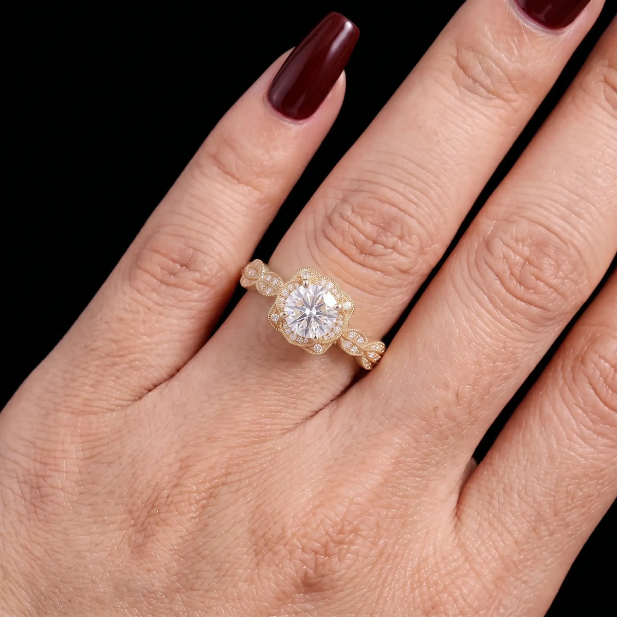 Vintage Round Moissanite Halo Engagement Ring Edwardian Floral Milgrain Ring – Seravienne