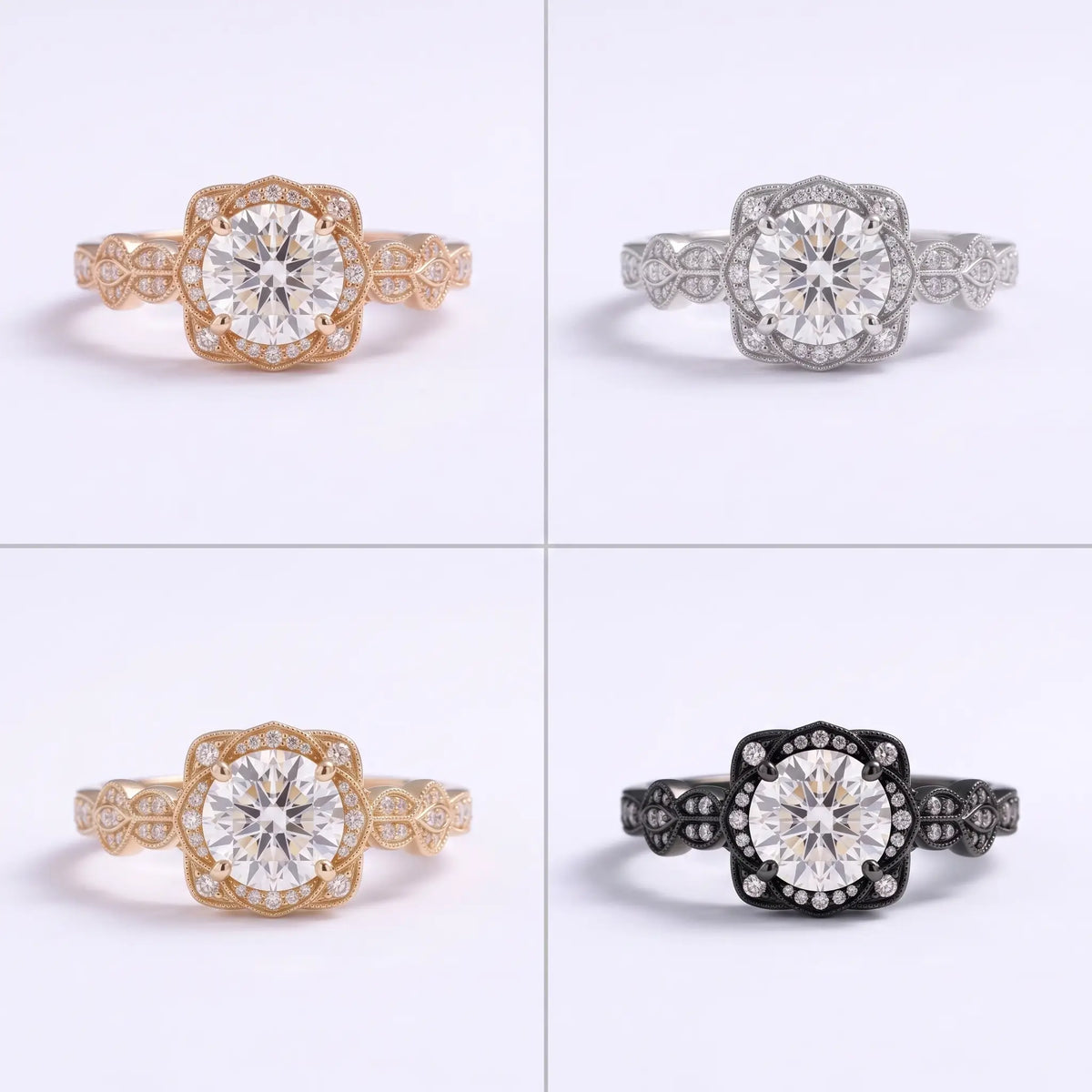 Vintage Round Moissanite Halo Engagement Ring Edwardian Floral Milgrain Ring – Seravienne
