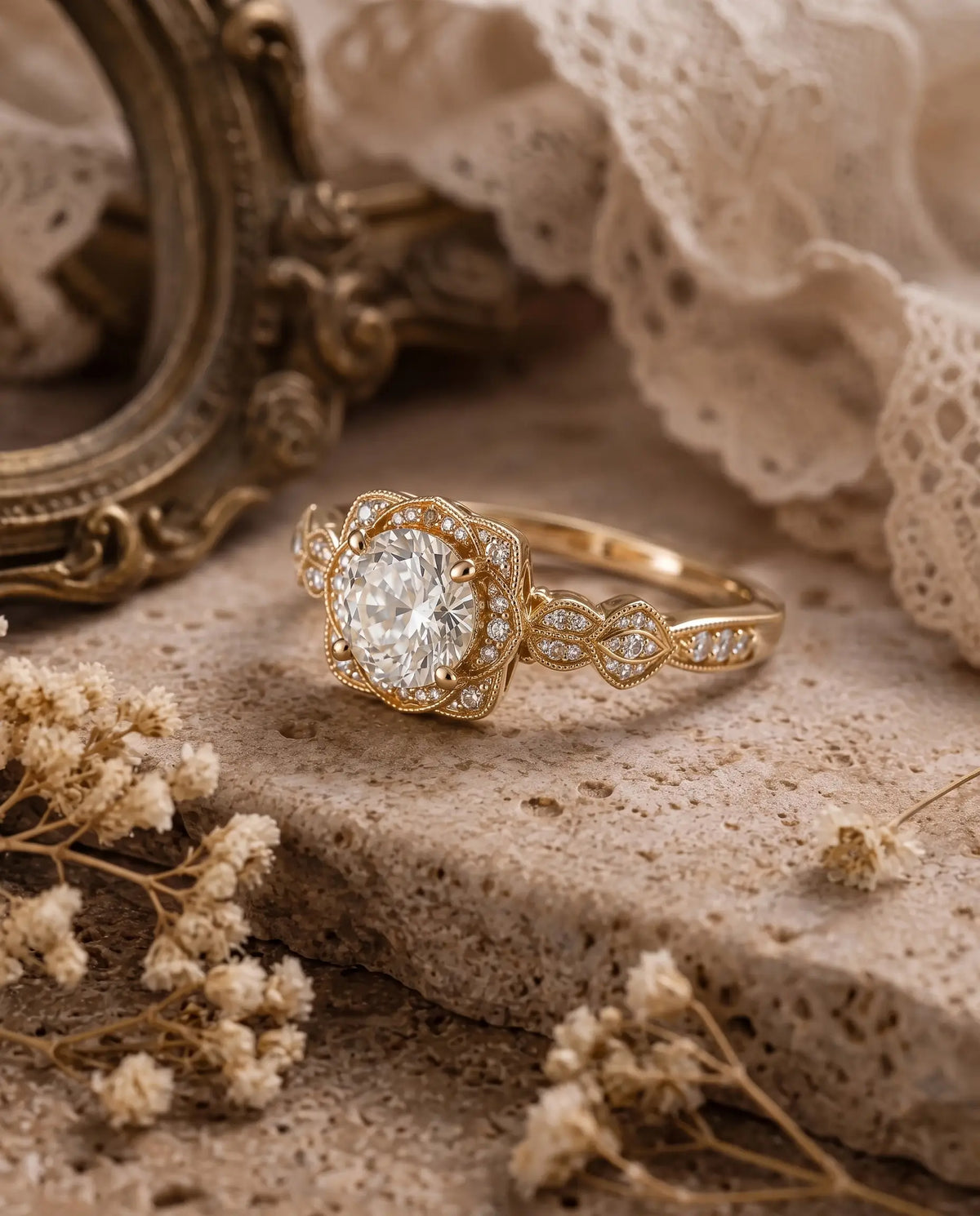 Vintage Round Moissanite Halo Engagement Ring Edwardian Floral Milgrain Ring – Seravienne