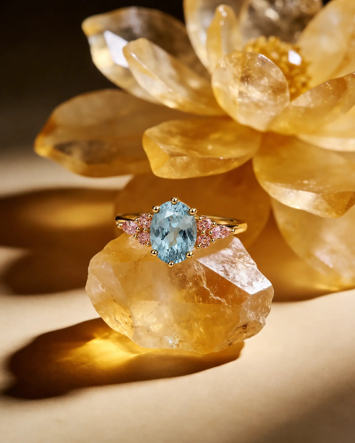 Elegant aquamarine and pink quartz ring styled in a refined jewelry scene