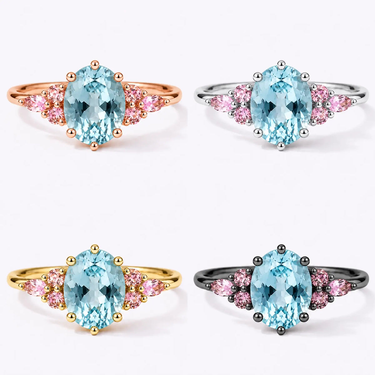 Classic oval aquamarine engagement ring with pink quartz cluster accents in yellow gold