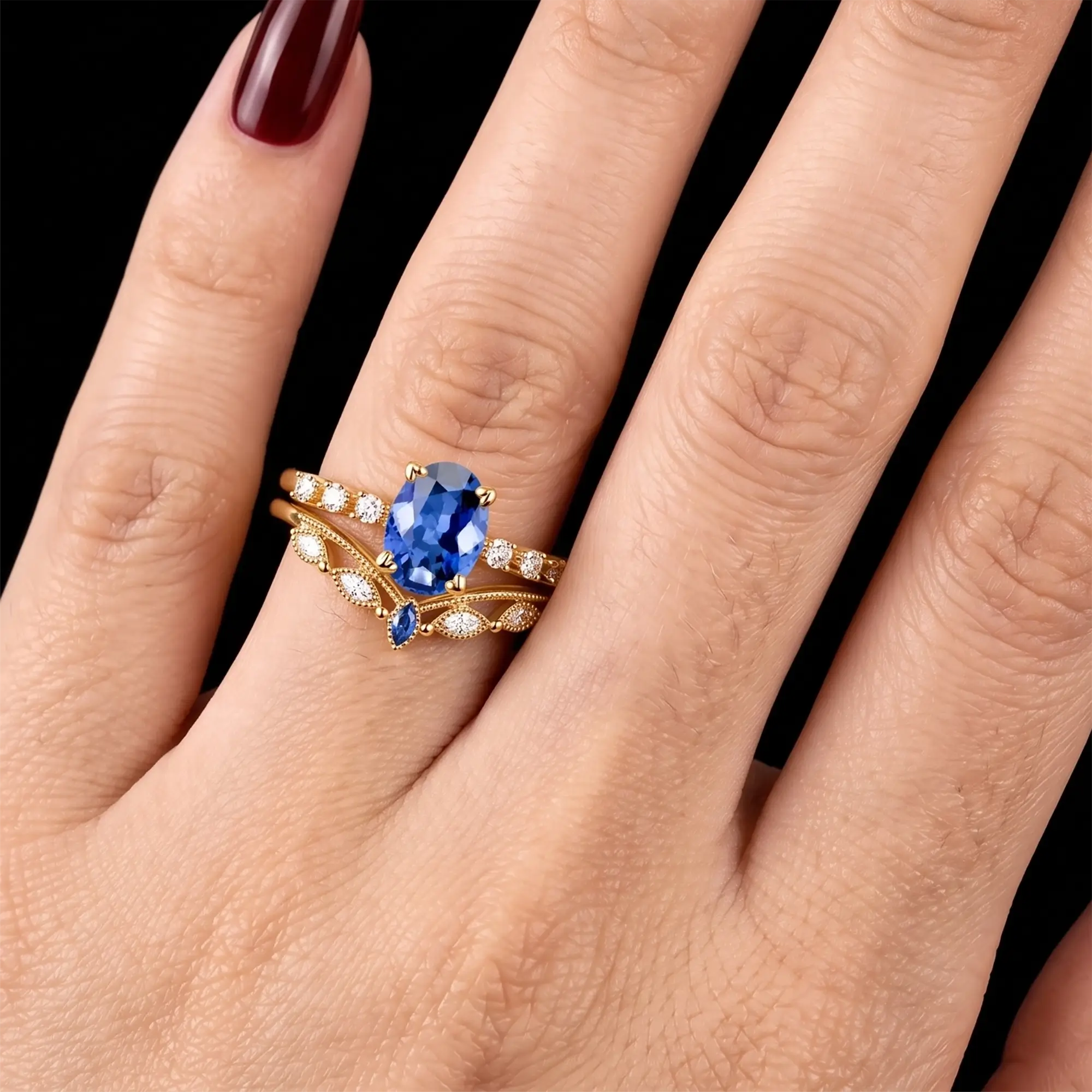 Oval sapphire bridal ring set worn on hand with curved chevron band