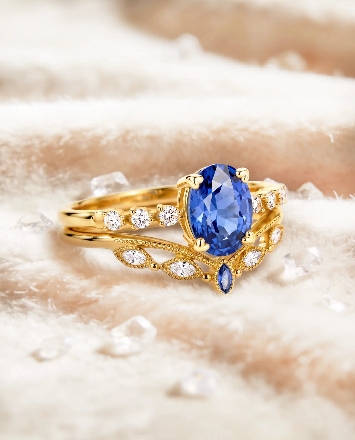 Vintage sapphire bridal ring set styled in an elegant jewelry scene