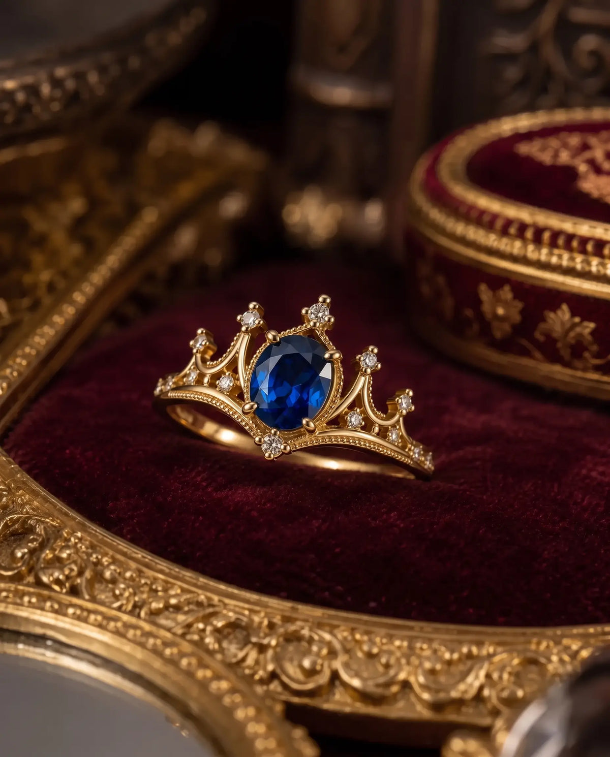 Close-up of crown inspired sapphire engagement ring with moissanite