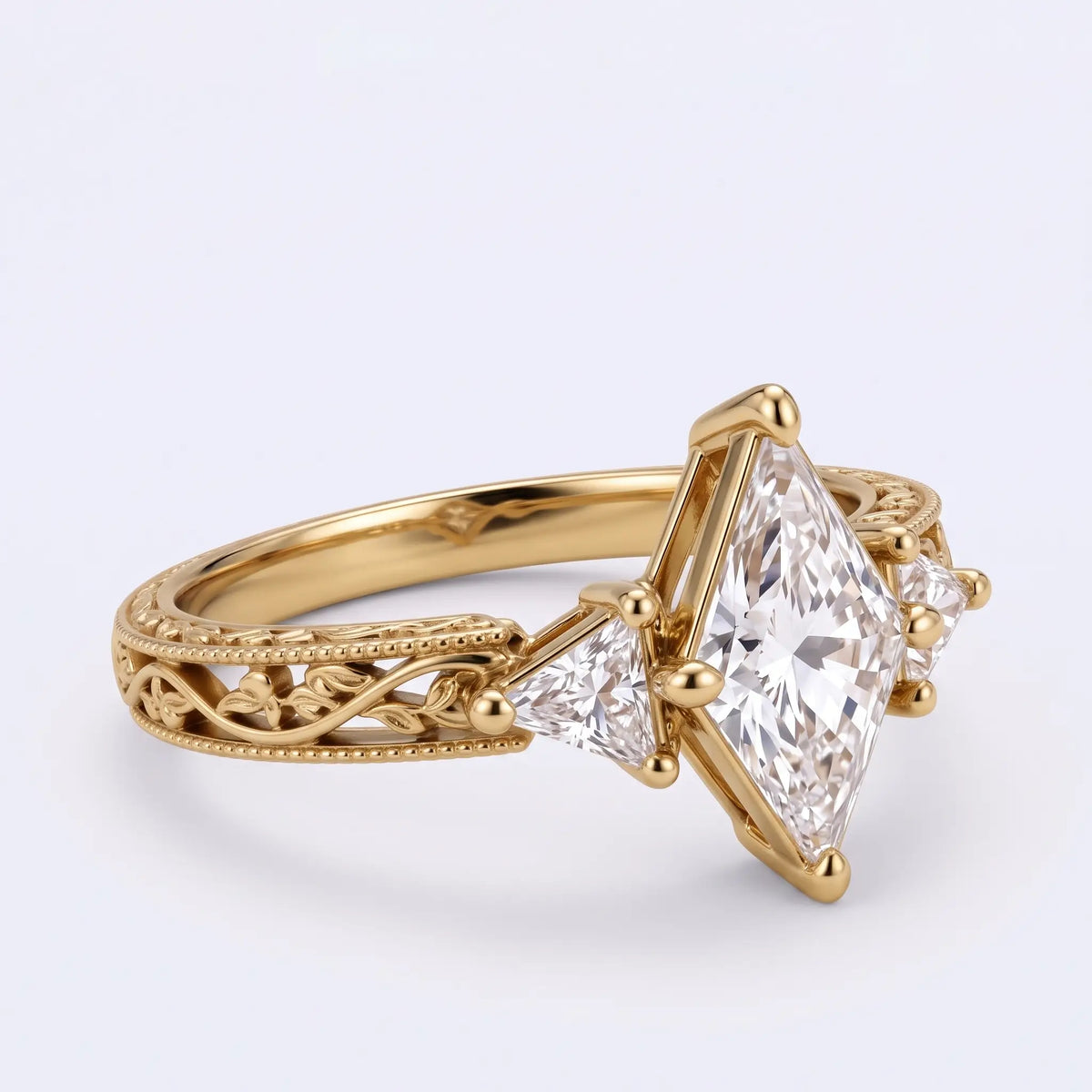 Side view of kite moissanite engagement ring with openwork botanical gold shoulders