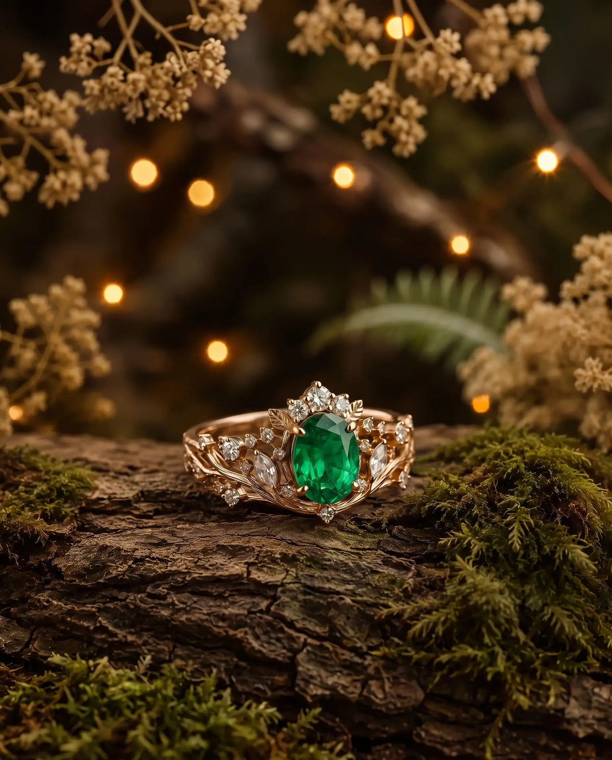 Leaf and vine gold ring with round and marquise moissanite accents