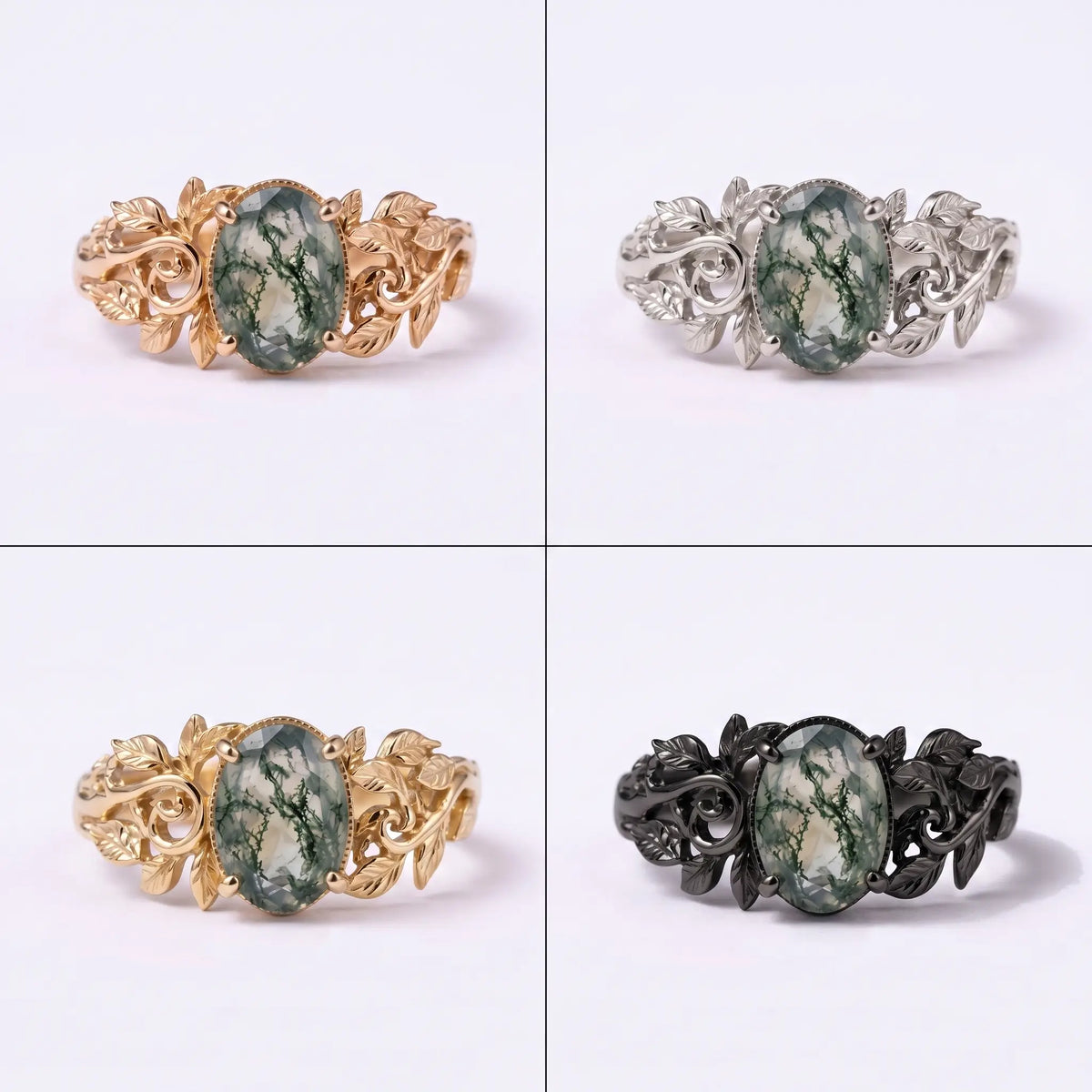 Nature inspired moss agate solitaire ring in an elegant jewelry setting