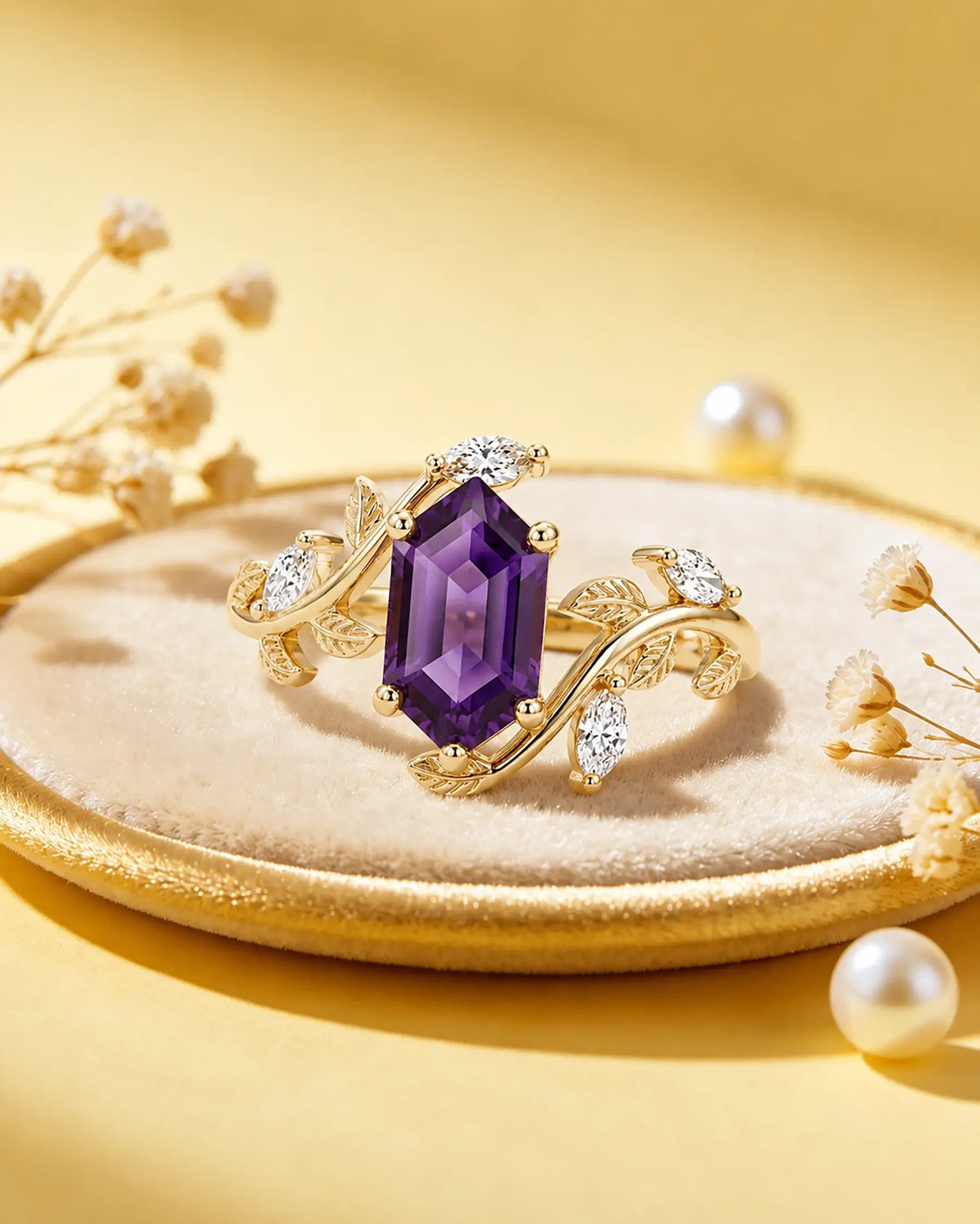 Nature-inspired sapphire leaf ring styled in a refined jewelry scene
