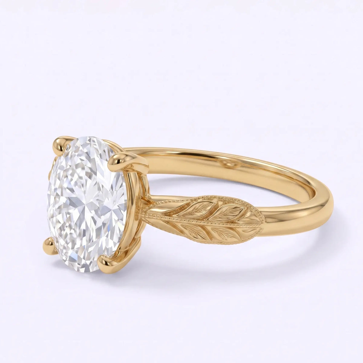 Front view of an oval lab-grown diamond solitaire ring with botanical leaf shoulders