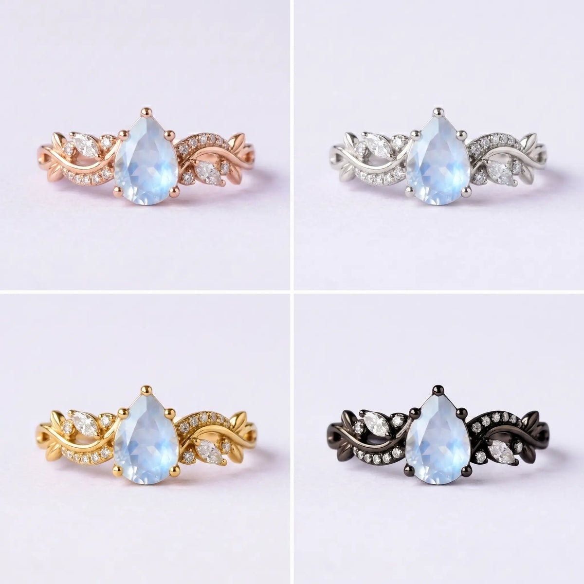 Side view of Thalia vine ring highlighting the durable band profile and balanced stone alignment 4color show