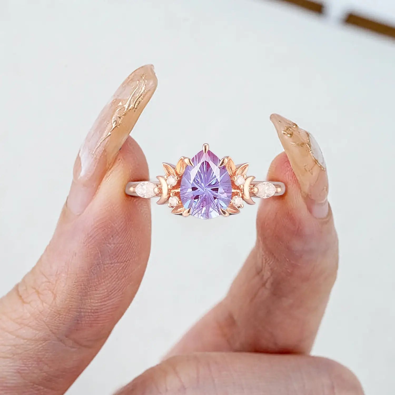 moon design ring, pear alexandrite ring, unique engagement ring, alexandrite jewelry gift, custom alexandrite ring