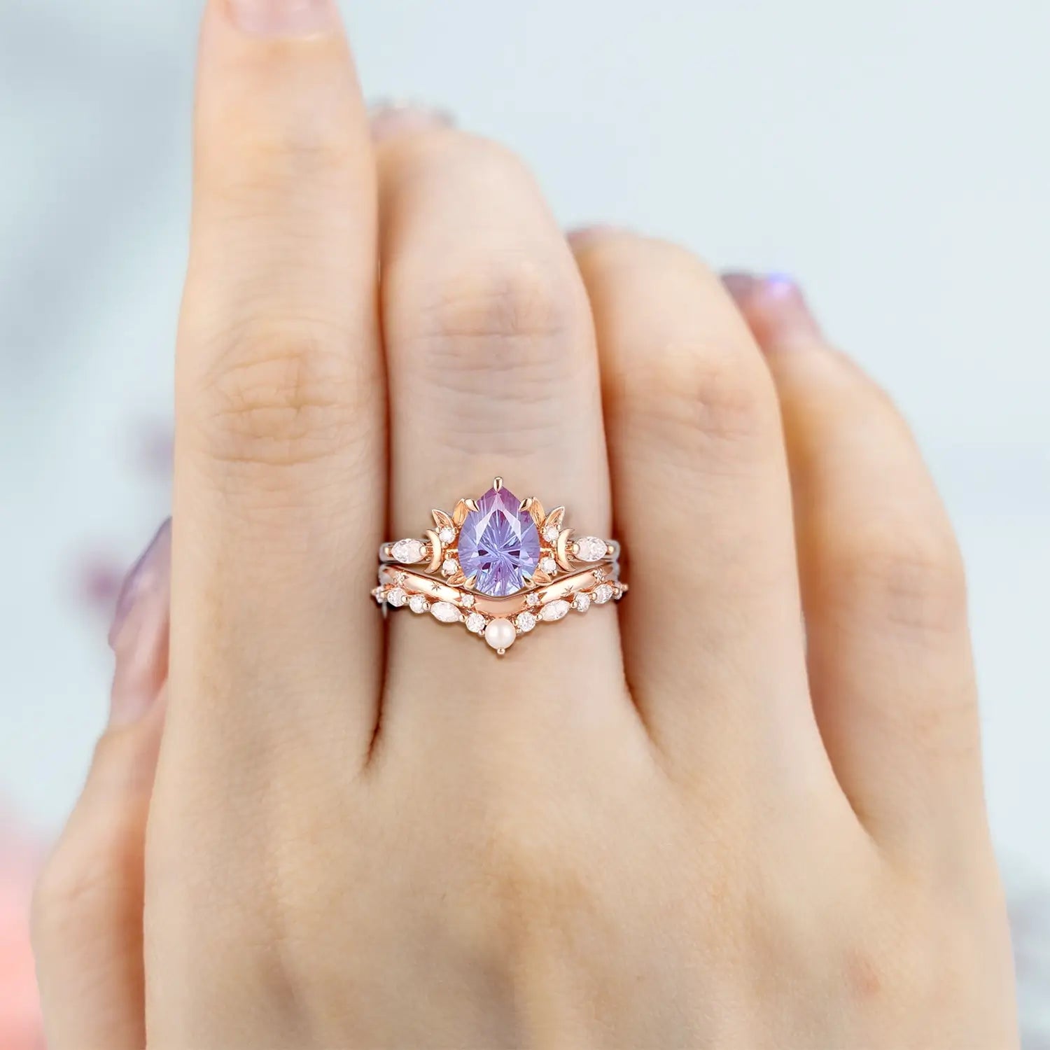 pear alexandrite engagement ring set rose gold nature-inspired ring, moon and leaf ring orleone for women