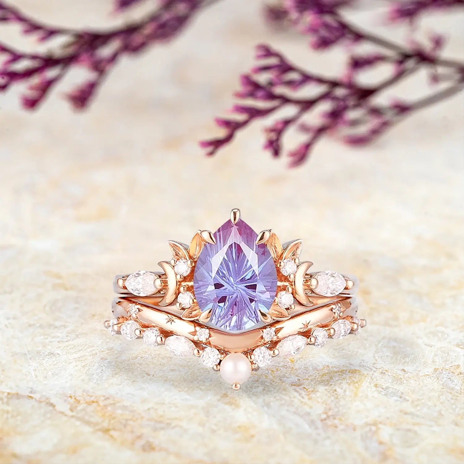 pear alexandrite engagement ring set rose gold nature-inspired ring, moon and leaf ring orleone