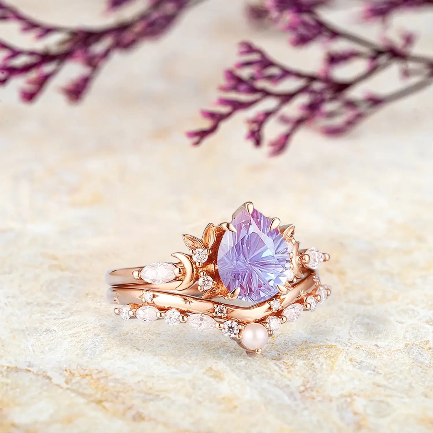 pear alexandrite engagement ring set rose gold nature-inspired ring, moon and leaf ring orleone for women
