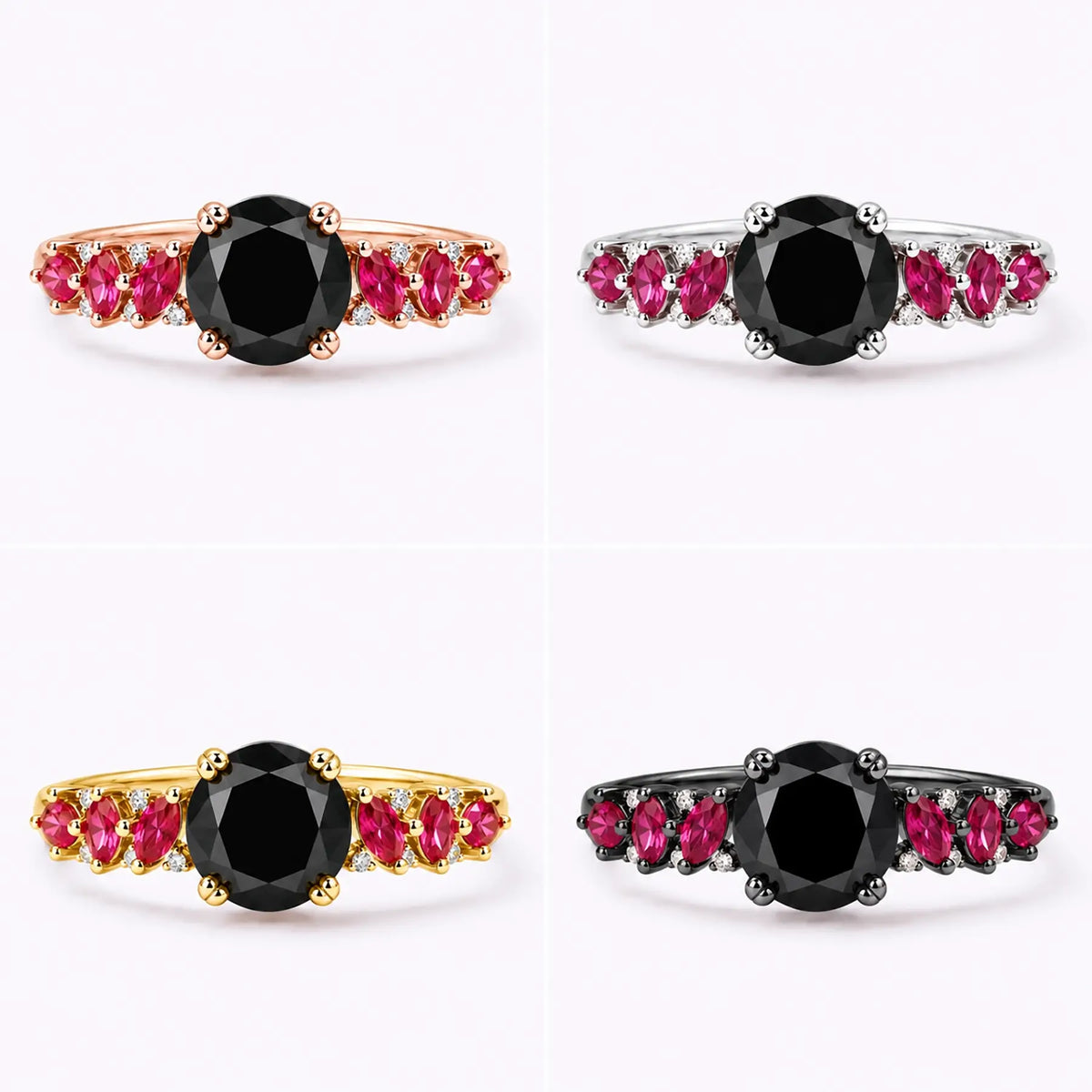 black moissanite engagement ring showing gold band structure and stone setting 4color